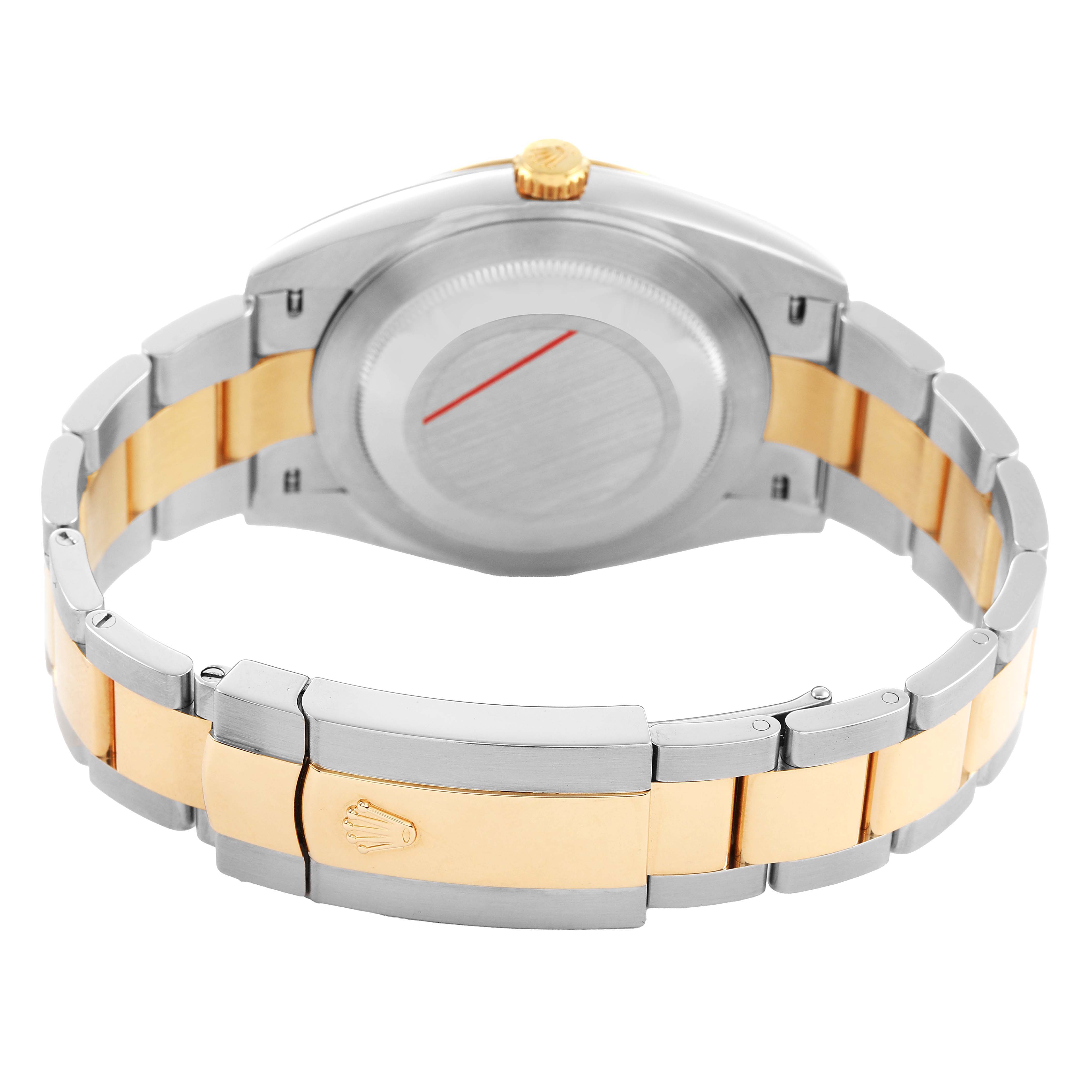 The image shows the back of a Rolex Datejust 126333 Men's Steel and Gold (two tone) Black Dial watch, highlighting the case, golden crown, and two-tone bracelet clasp.
