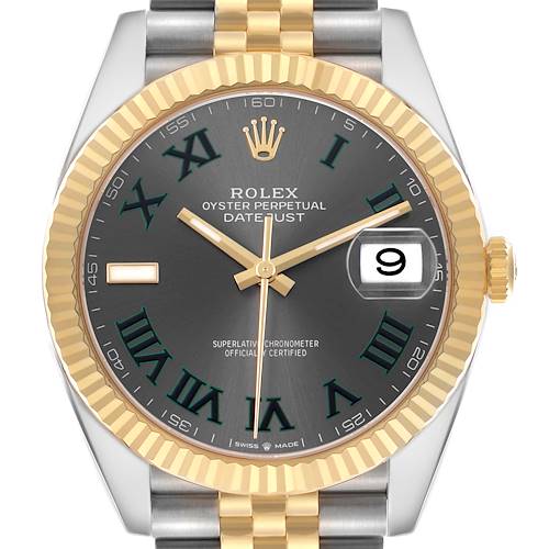 The Rolex Datejust 41 126333 Men's Steel and Gold (two tone) Grey Dial watch is shown from a top-down angle, highlighting the dial, bezel, bracelet, and crown.