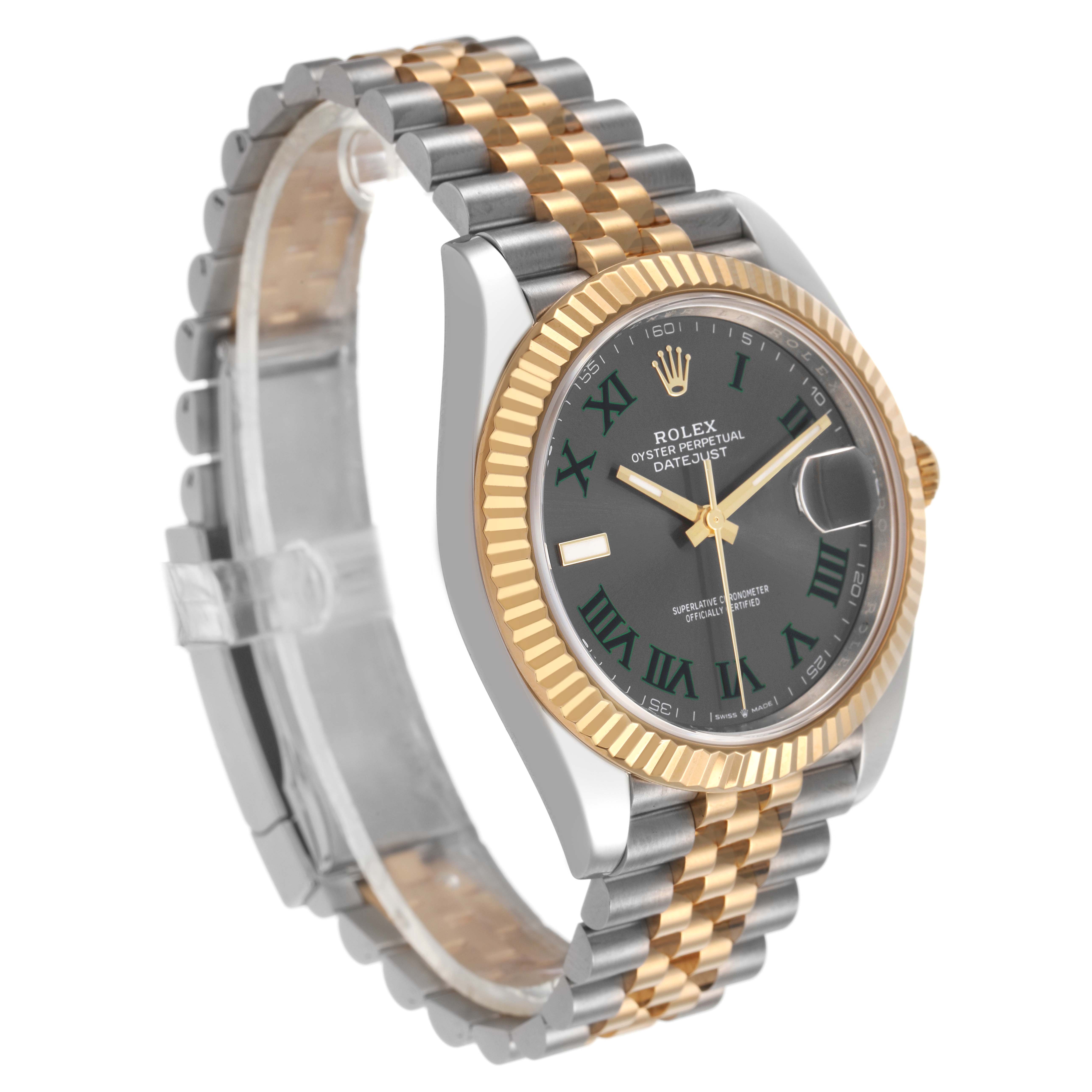 The Rolex Datejust 41 126333 Men's Steel and Gold (two tone) Grey Dial is shown at an angled side view, highlighting the face, bezel, and bracelet.