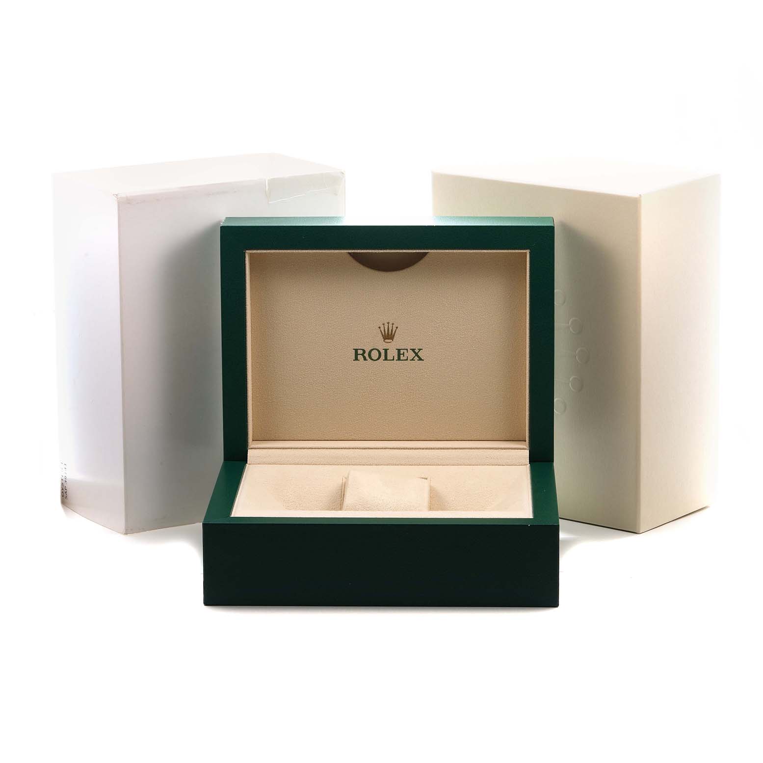 The image shows a Rolex Datejust 41 126333 Men's Steel and Gold (two tone) Grey Dial watch box open with packaging visible.