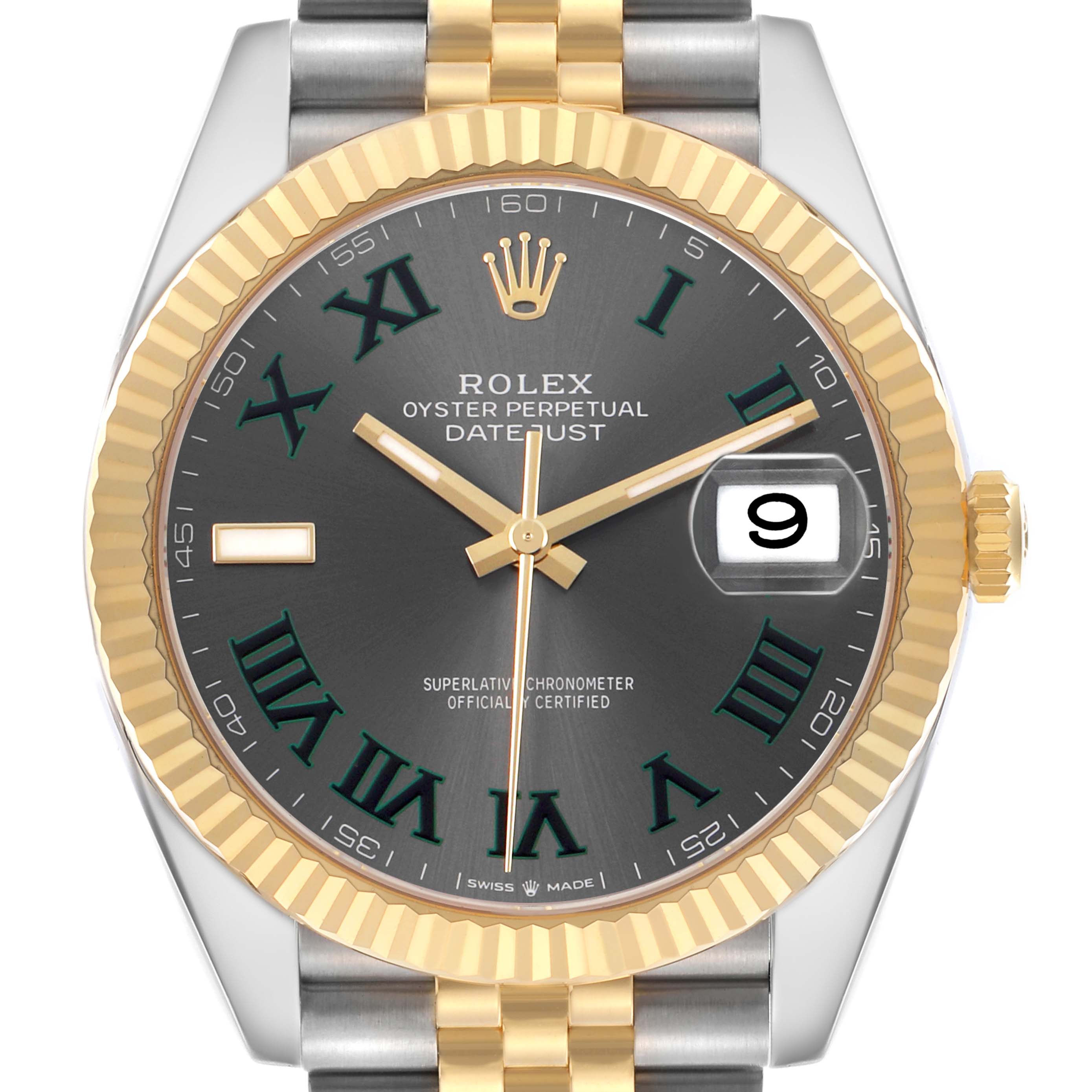 The Rolex Datejust 41 126333 Men's Steel and Gold (two tone) Grey Dial is shown from a front angle, highlighting the dial, fluted bezel, and two-tone bracelet.