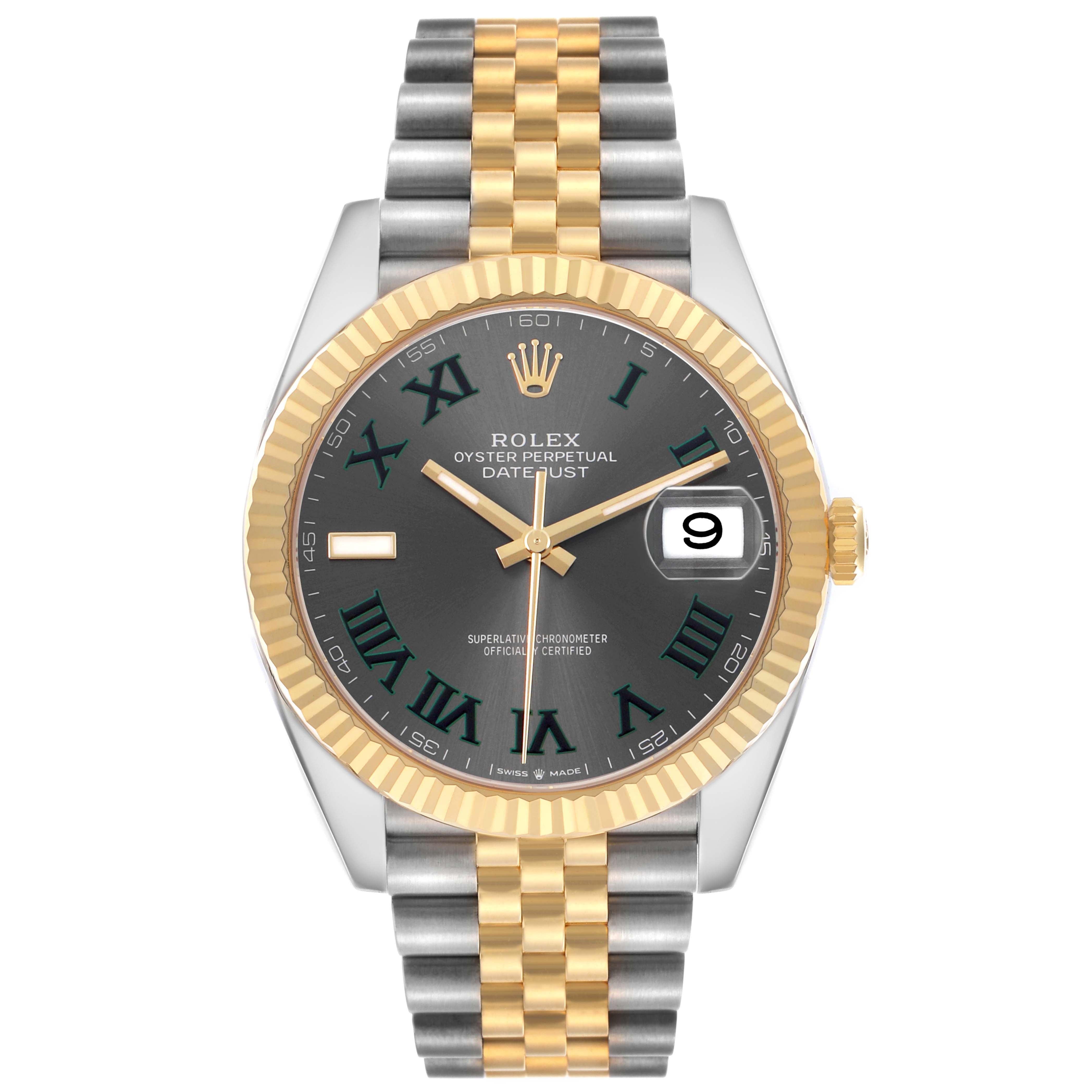 The Rolex Datejust 41 126333 Men's Steel and Gold (two tone) Grey Dial watch is shown from the front, highlighting the dial, bezel, and jubilee bracelet.