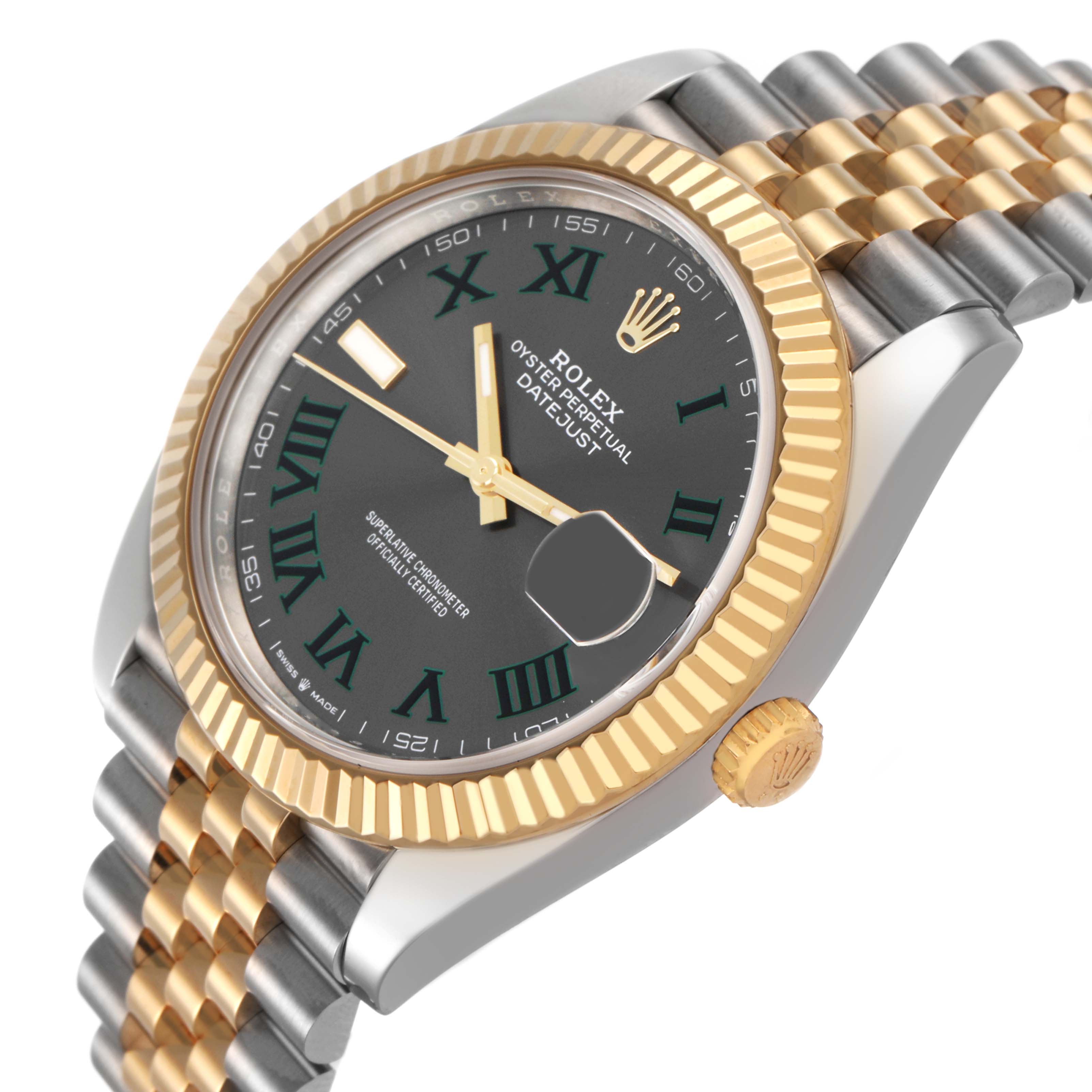 The Rolex Datejust 41 126333 Men's Steel and Gold (two tone) Grey Dial is shown at a three-quarter angle, highlighting the gold bezel, crown, and Jubilee bracelet.
