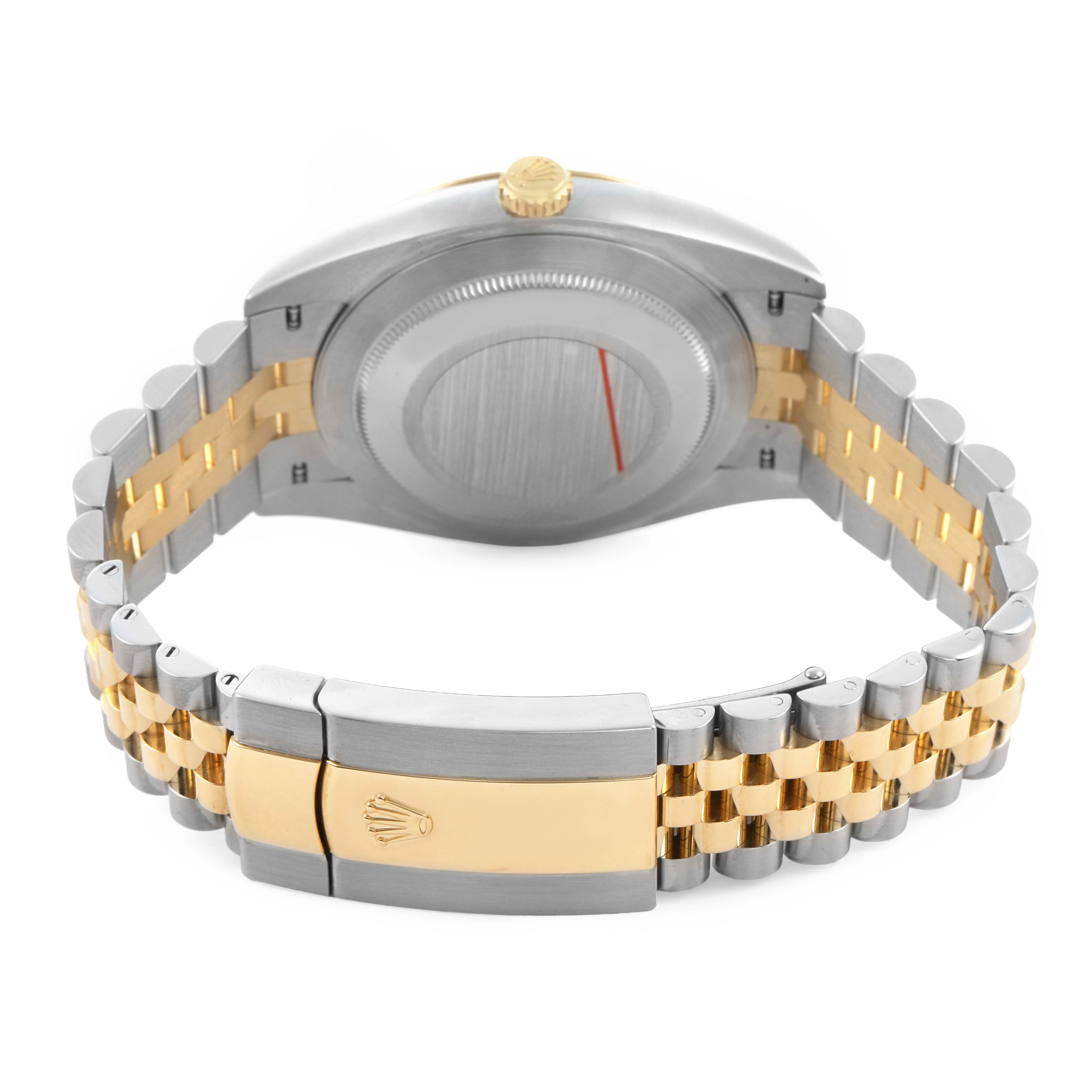 The image shows the back view of a Rolex Datejust 41 126333 Men's Steel and Gold (two tone) Grey Dial, highlighting the bracelet and clasp.