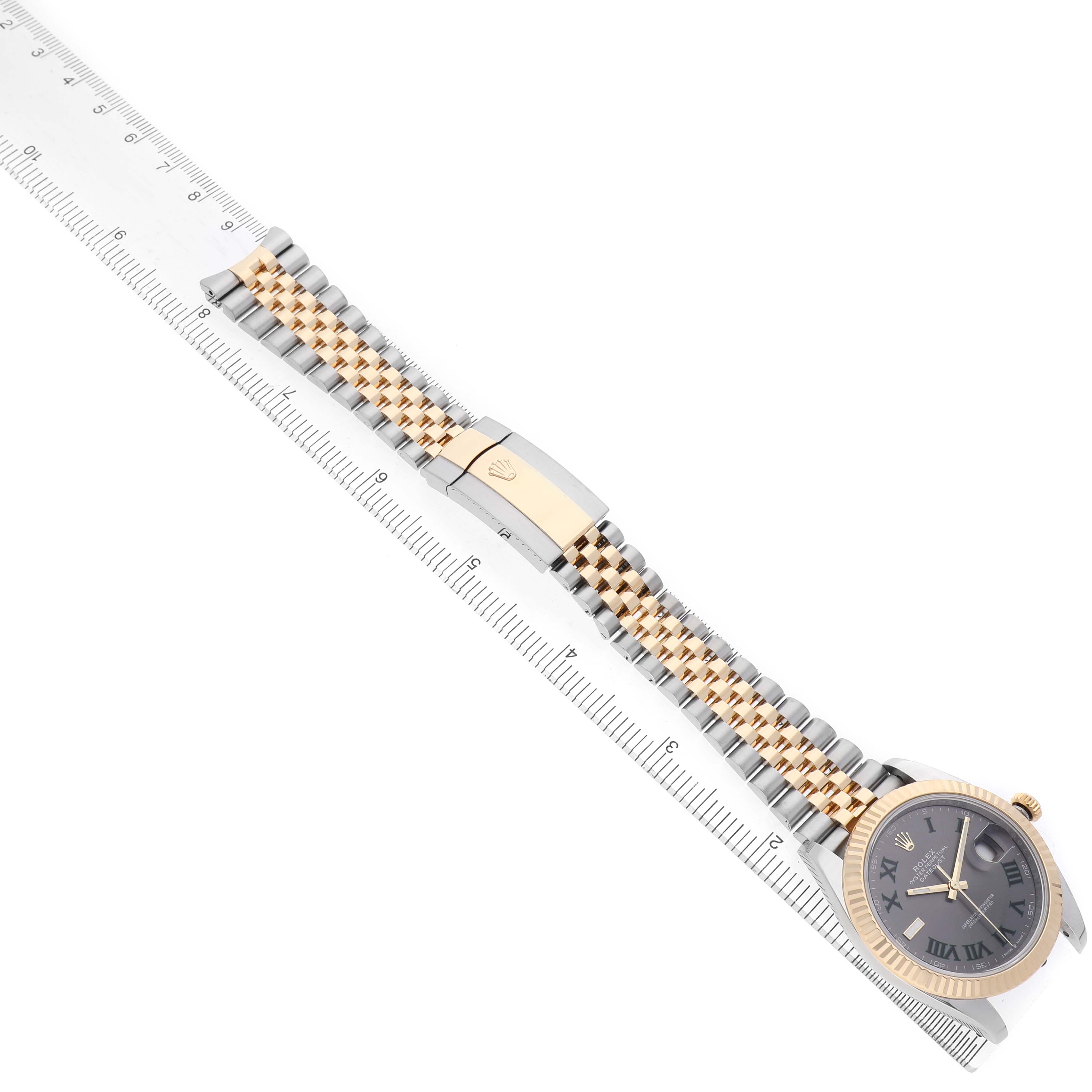 The Rolex Datejust 41 126333 Men's Steel and Gold (two tone) Grey Dial watch is shown from a top-down angle, displaying the entire bracelet, clasp, and dial.
