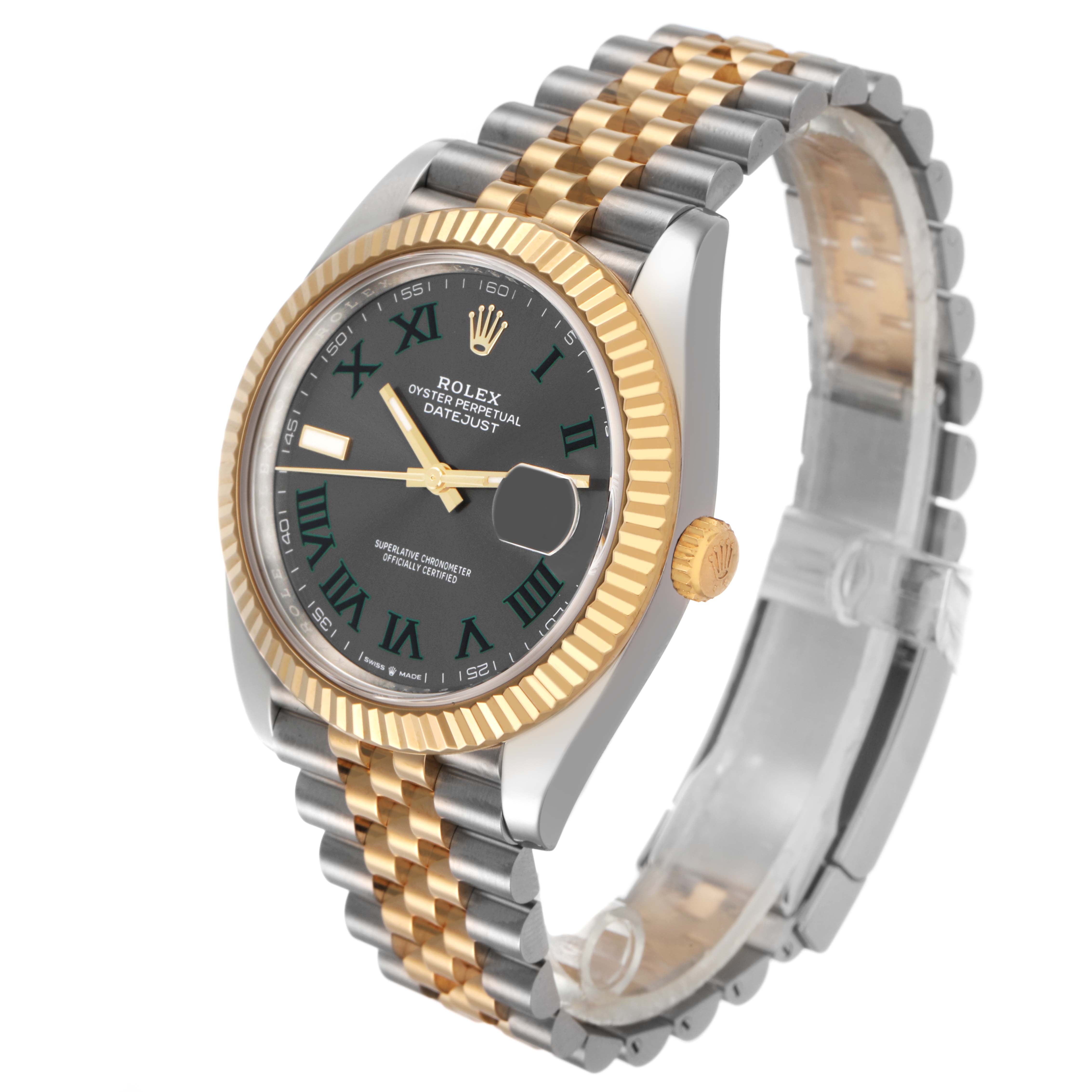 The Rolex Datejust 41 126333 Men's Steel and Gold (two tone) Grey Dial is shown at a slight side angle, highlighting the bezel, dial, crown, and two-tone bracelet.