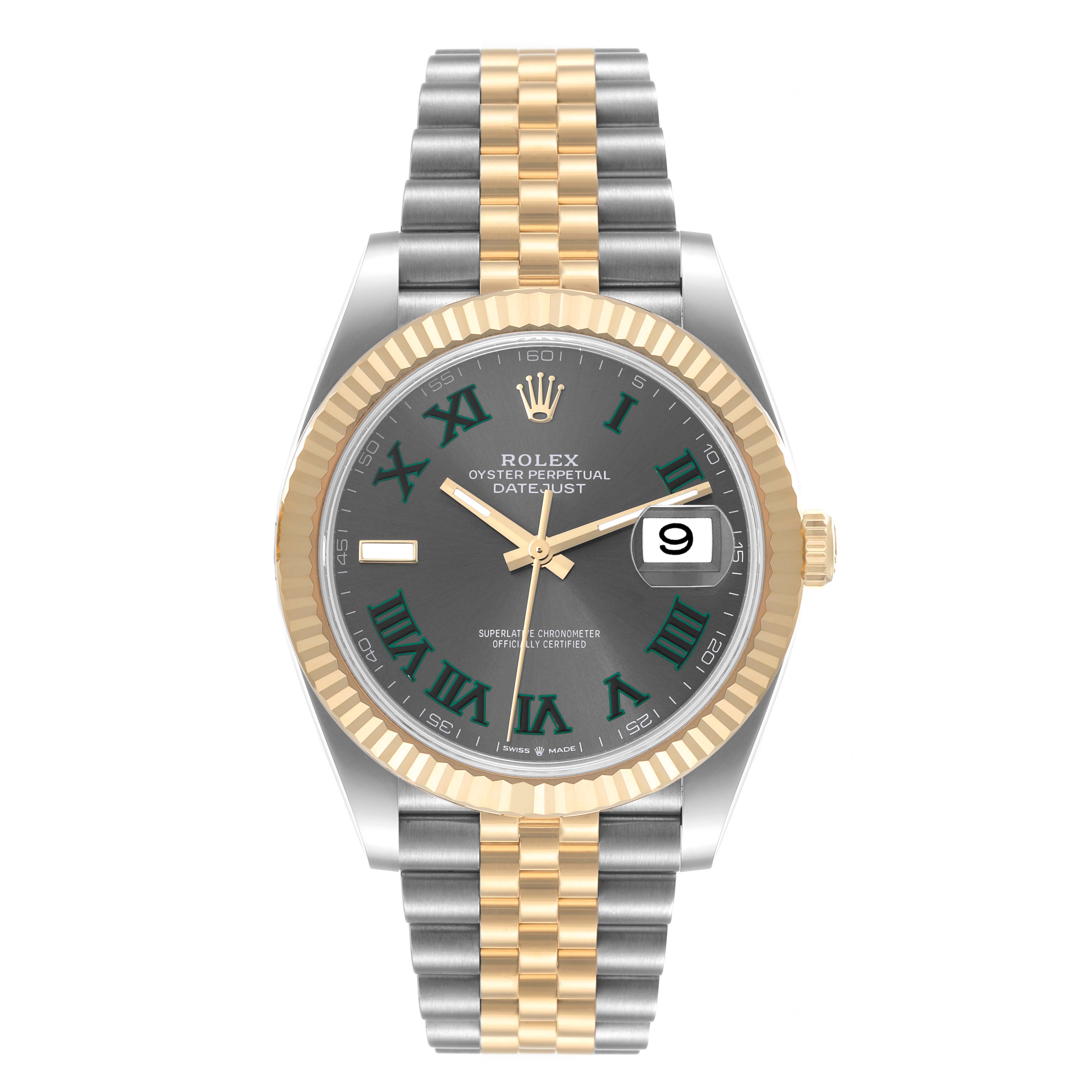 The image shows a front view of a Rolex Datejust 41 126333 Men's Steel and Gold (two tone) Grey Dial 126333 Men's Steel and Gold (two tone) Grey Dial watch, highlighting its two-tone bracelet, fluted bezel, and date window.