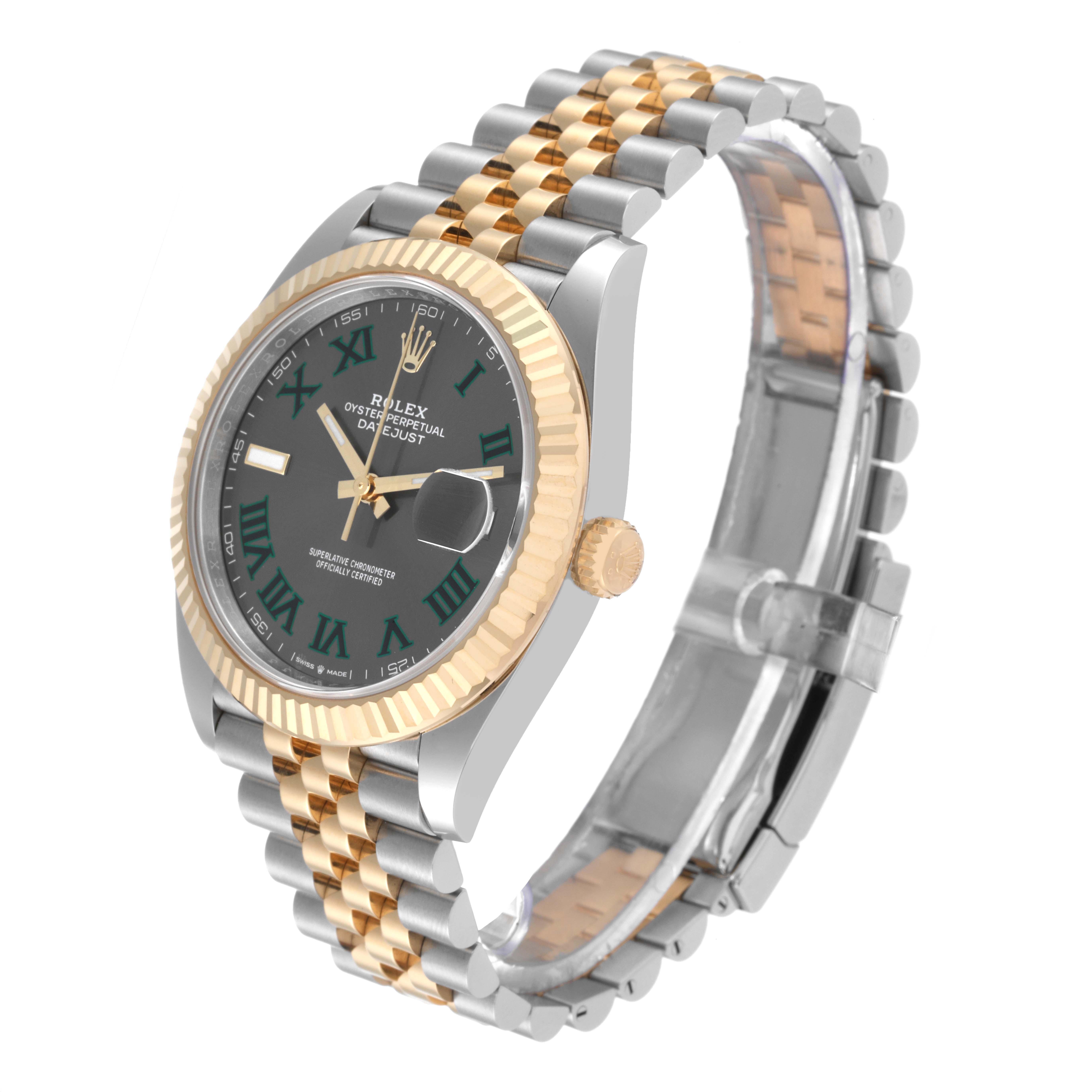 The image shows a Rolex Datejust 41 126333 Men's Steel and Gold (two tone) Grey Dial 126333 Men's Steel and Gold (two tone) Grey Dial watch at an angled view, highlighting its two-tone bracelet, fluted bezel, and dial.