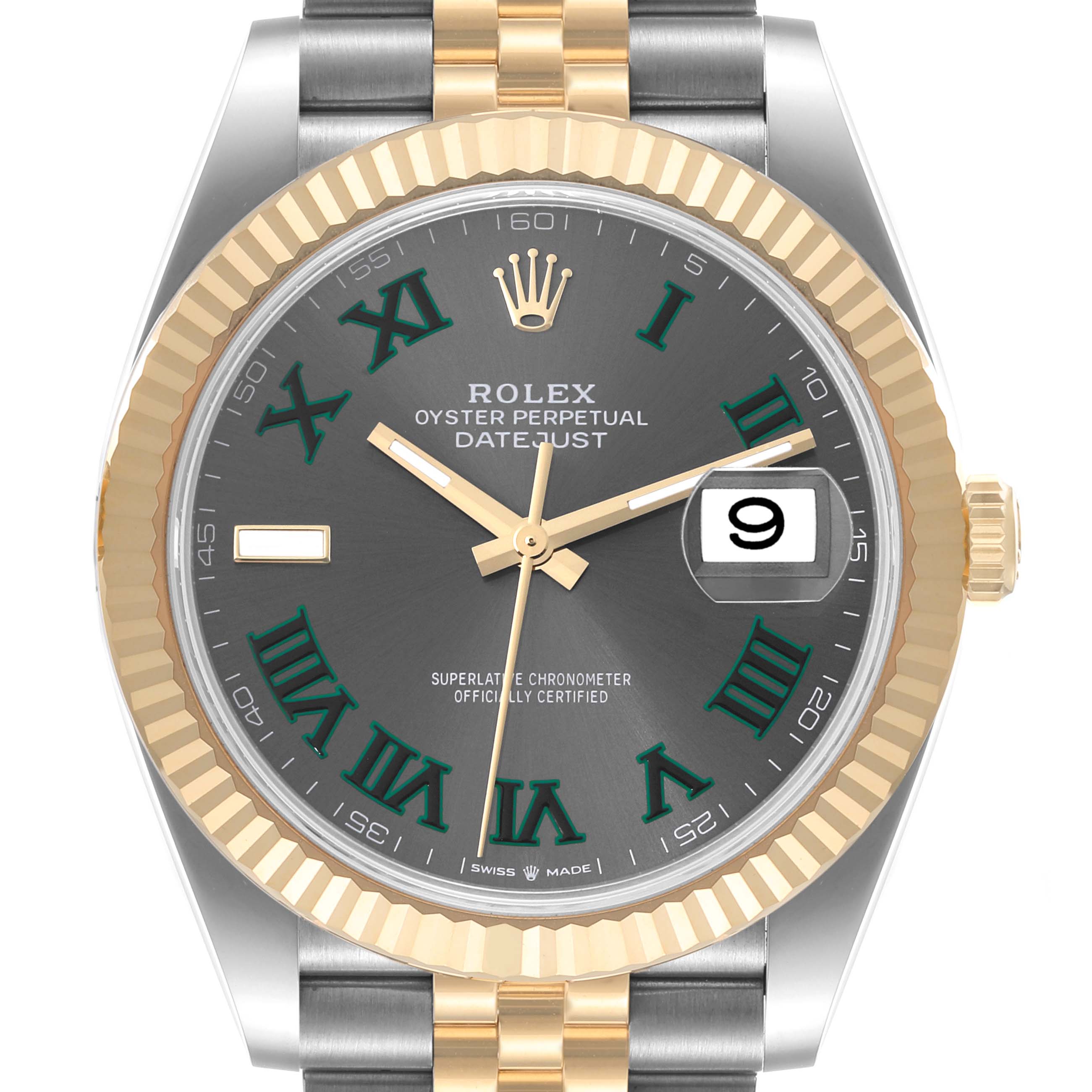 The image shows a frontal view of a Rolex Datejust 41 126333 Men's Steel and Gold (two tone) Grey Dial 126333 Men's Steel and Gold (two tone) Grey Dial watch, highlighting its dial, bezel, and part of the bracelet.