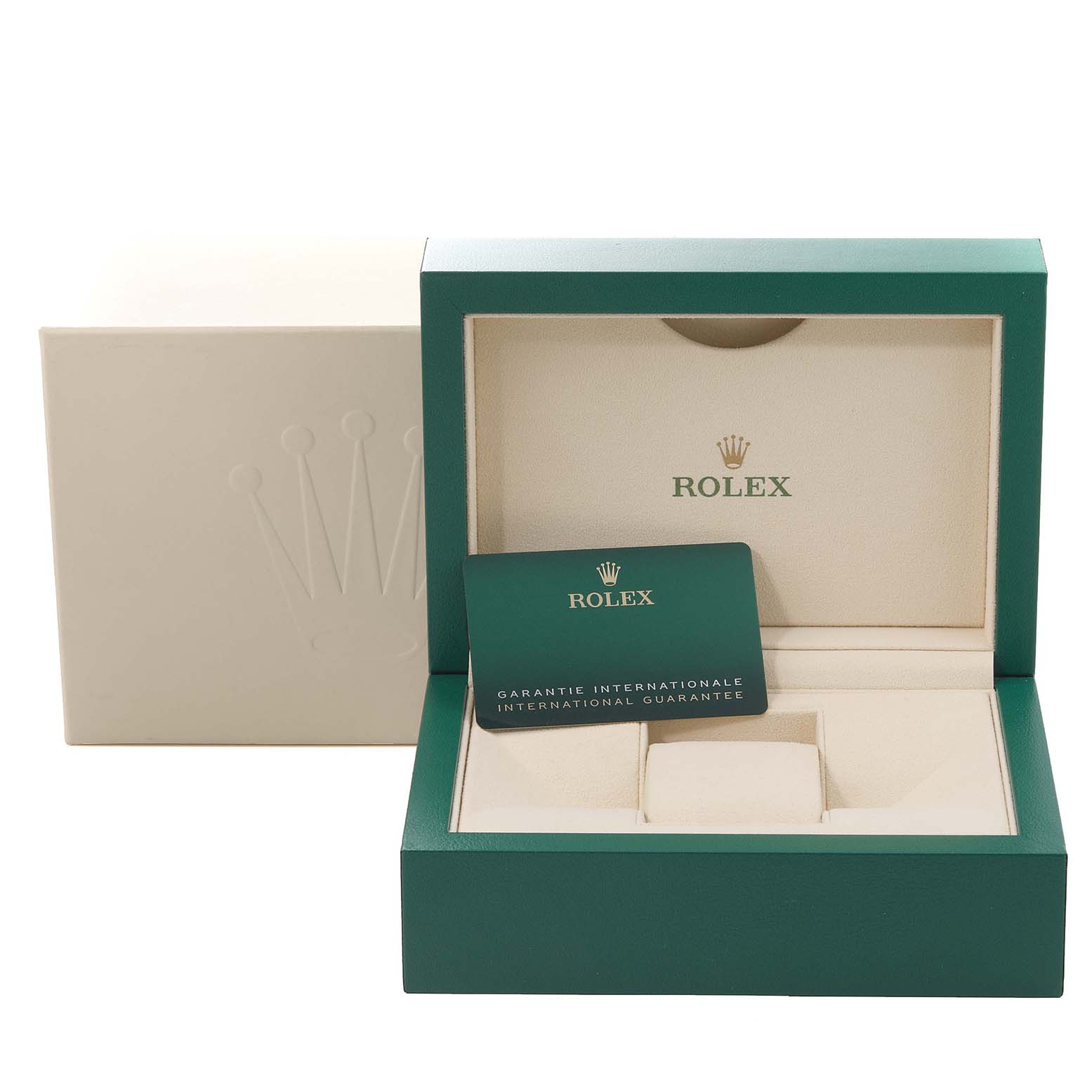 The image shows the open green and beige box with a warranty card for the Rolex Datejust 41 126333 Men's Steel and Gold (two tone) Grey Dial 126333 Men's Steel and Gold (two tone) Grey Dial model.