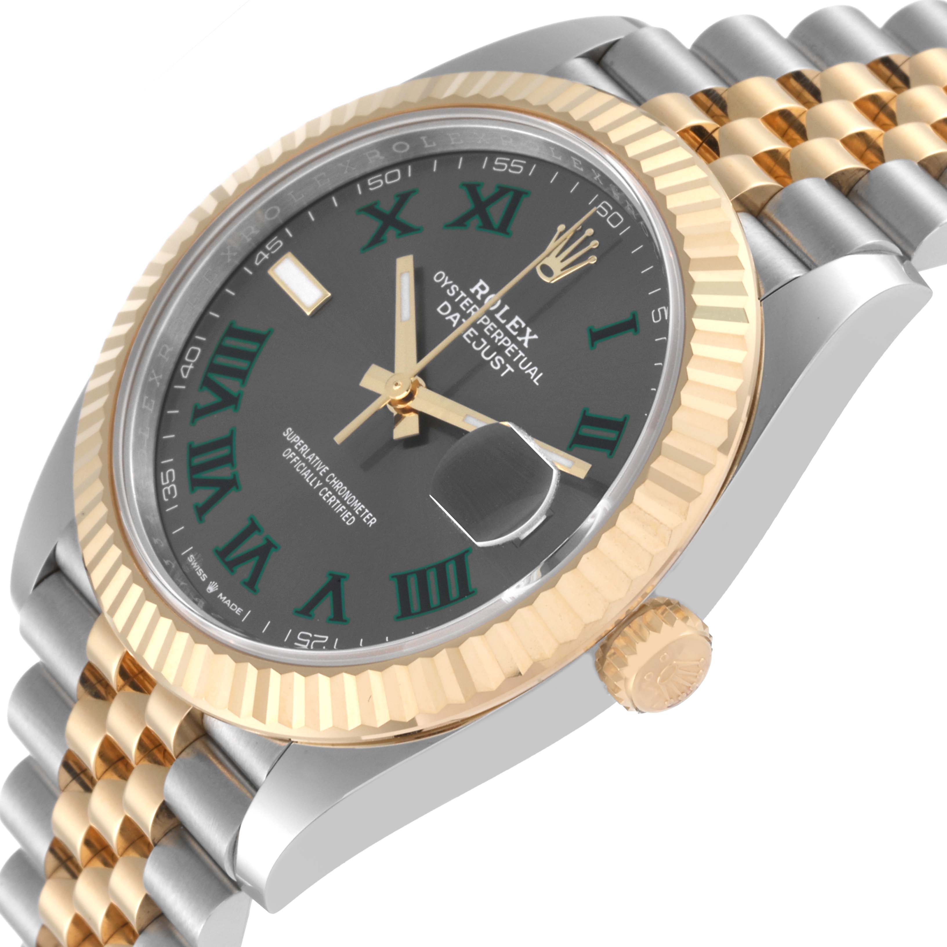 This is an angled view of the Rolex Datejust 41 126333 Men's Steel and Gold (two tone) Grey Dial 126333 Men's Steel and Gold (two tone) Grey Dial, showcasing its dial, fluted bezel, crown, and bracelet.