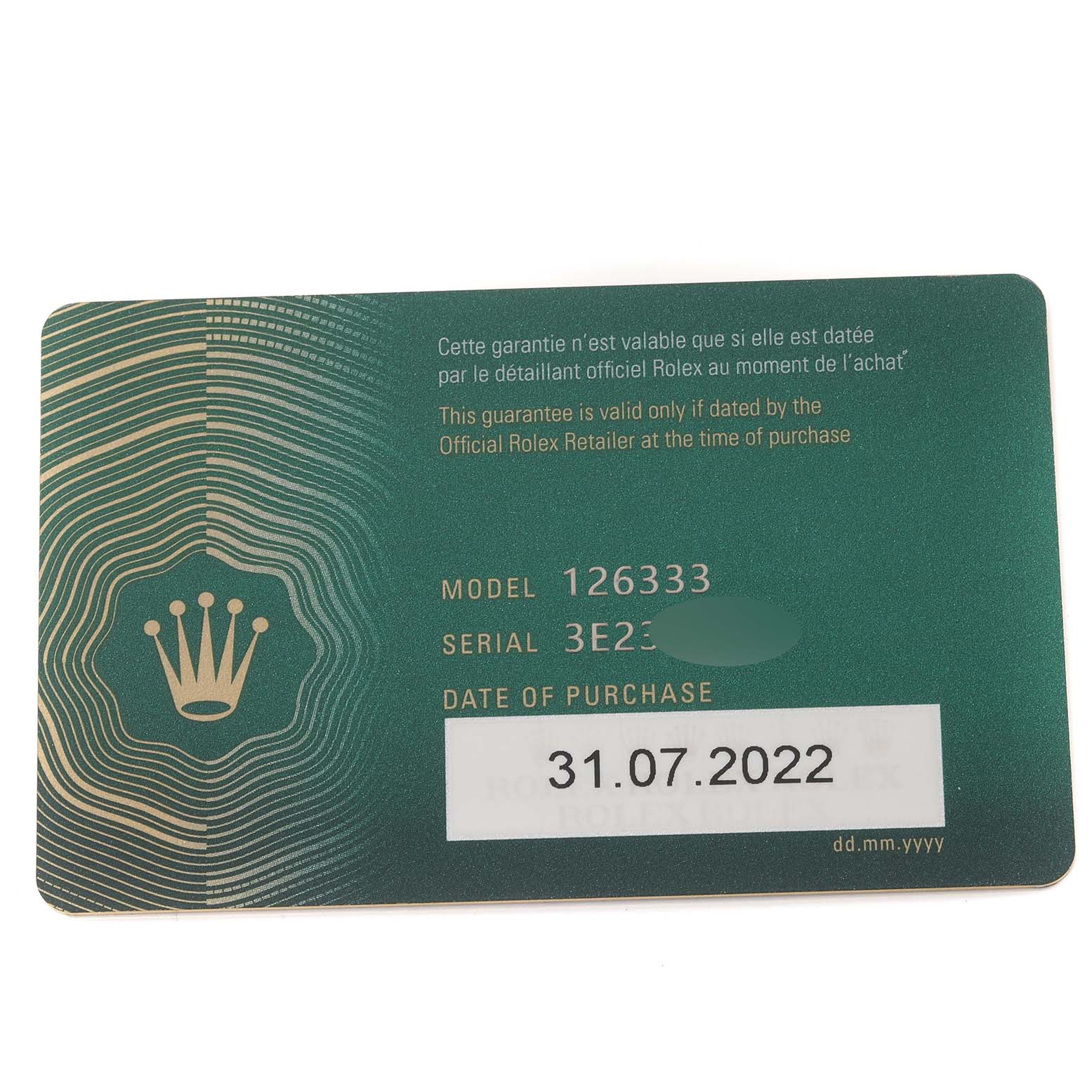 The image shows the guarantee card for a Rolex Datejust 41 126333 Men's Steel and Gold (two tone) Grey Dial 126333 Men's Steel and Gold (two tone) Grey Dial model 126333.