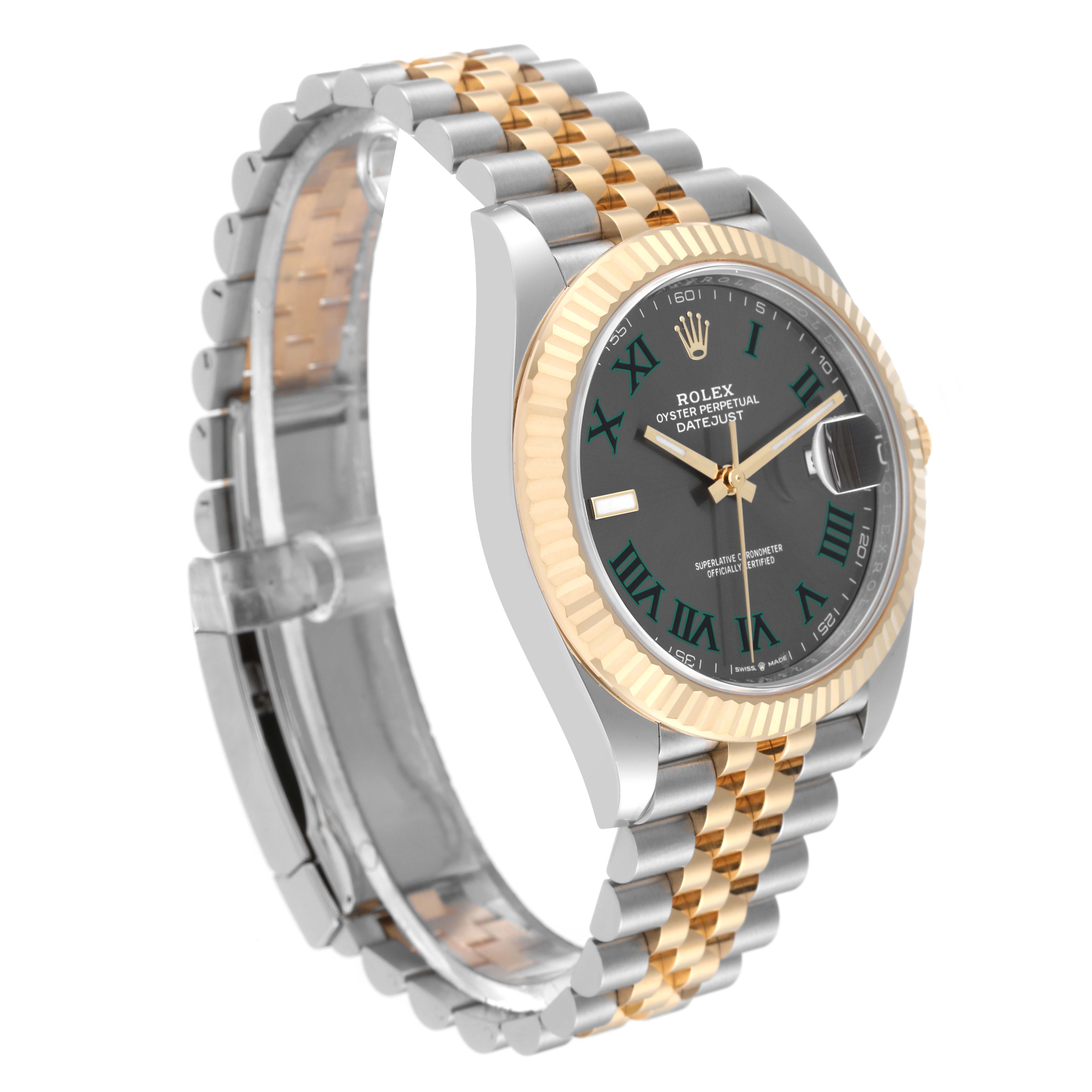 The Rolex Datejust 41 126333 Men's Steel and Gold (two tone) Grey Dial 126333 Men's Steel and Gold (two tone) Grey Dial is shown at a slightly angled side view, highlighting its two-tone bracelet and fluted bezel.