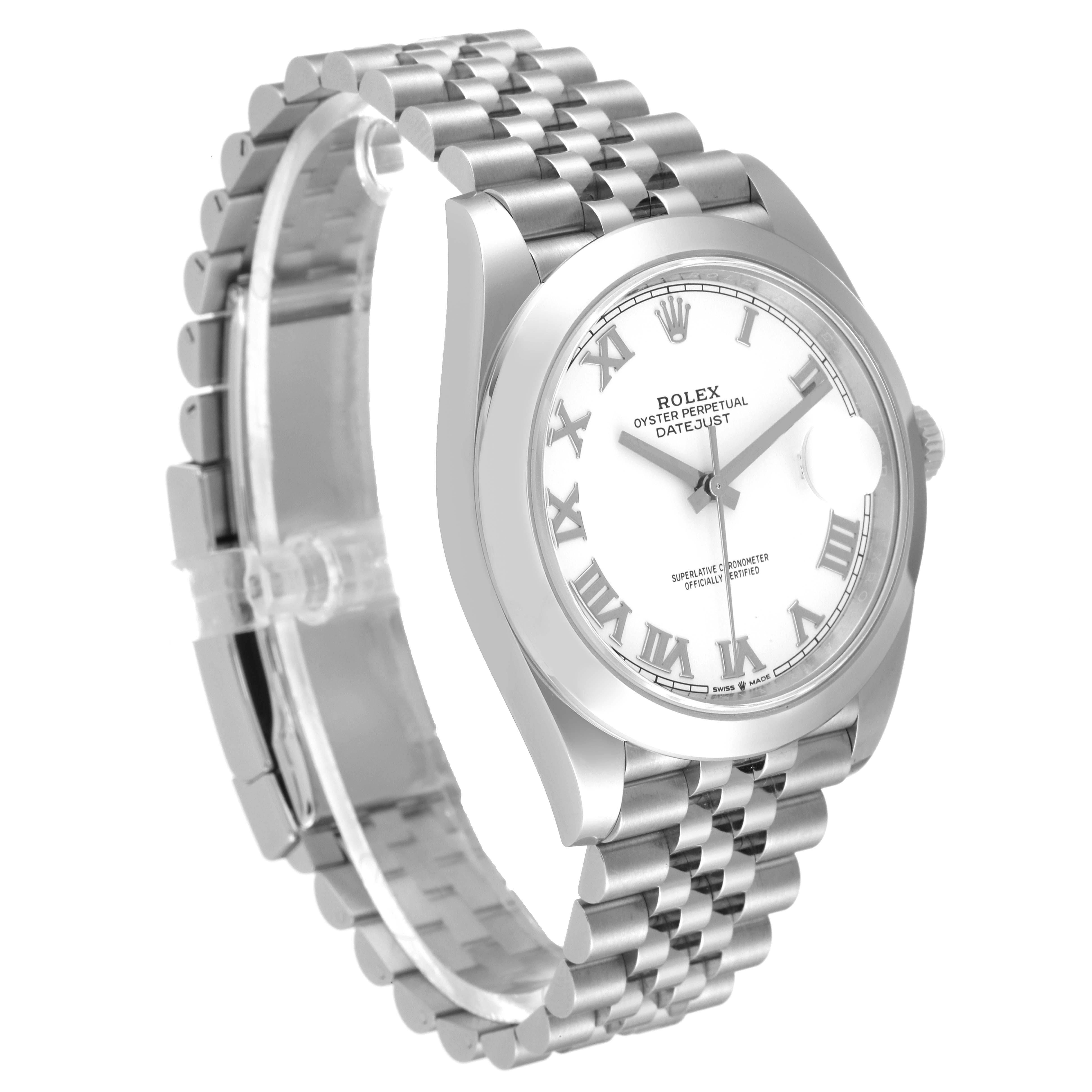 The image shows a Rolex Datejust 41 126300 Men's Stainless Steel White Dial 126300 Men's Stainless Steel White Dial watch at a slight angle, highlighting the dial, bezel, crown, and bracelet.