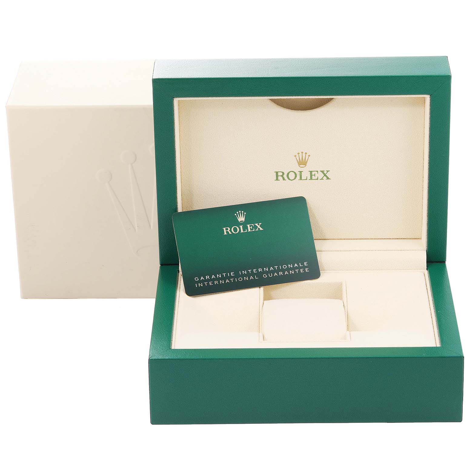 The image shows the Rolex Datejust 41 126300 Men's Stainless Steel White Dial 126300 Men's Stainless Steel White Dial watch box and an international guarantee card, displayed at an angle showcasing the inside.