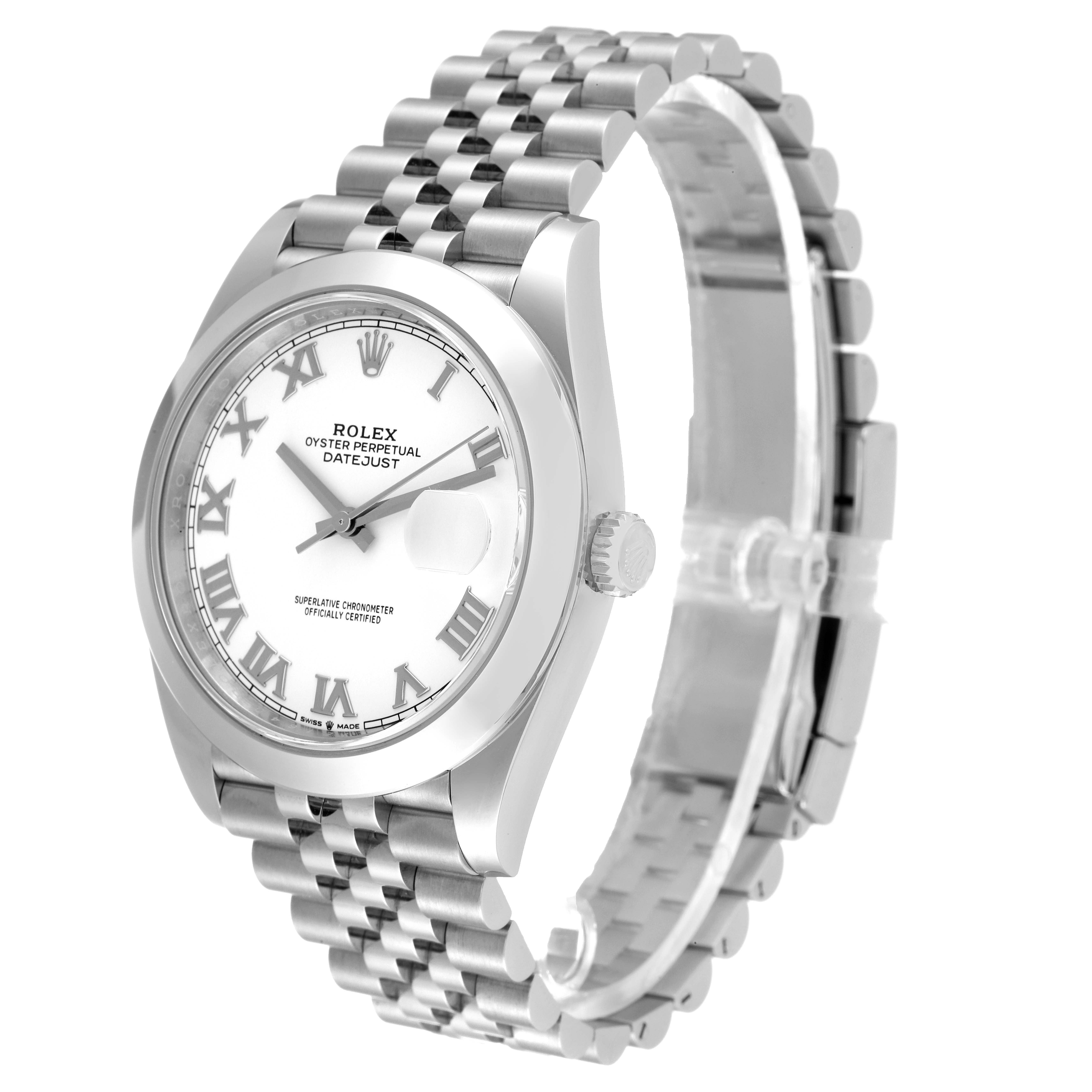 This image shows the Rolex Datejust 41 126300 Men's Stainless Steel White Dial 126300 Men's Stainless Steel White Dial model at a slight angle, highlighting the face, bezel, crown, and bracelet.