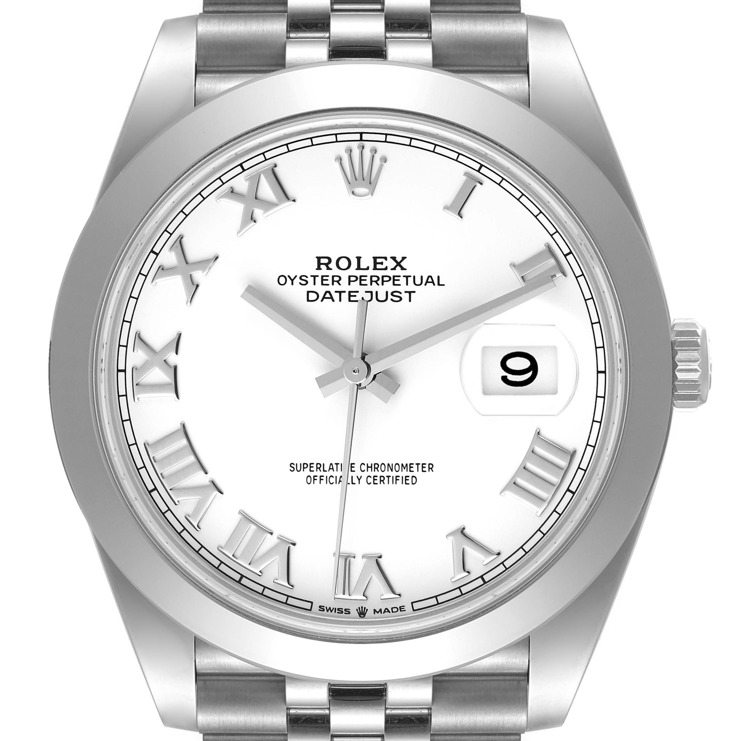 This image shows a front view of a Rolex Datejust 41 126300 Men's Stainless Steel White Dial 126300 Men's Stainless Steel White Dial watch, featuring a white dial with Roman numerals and a date window at 3 o'clock.