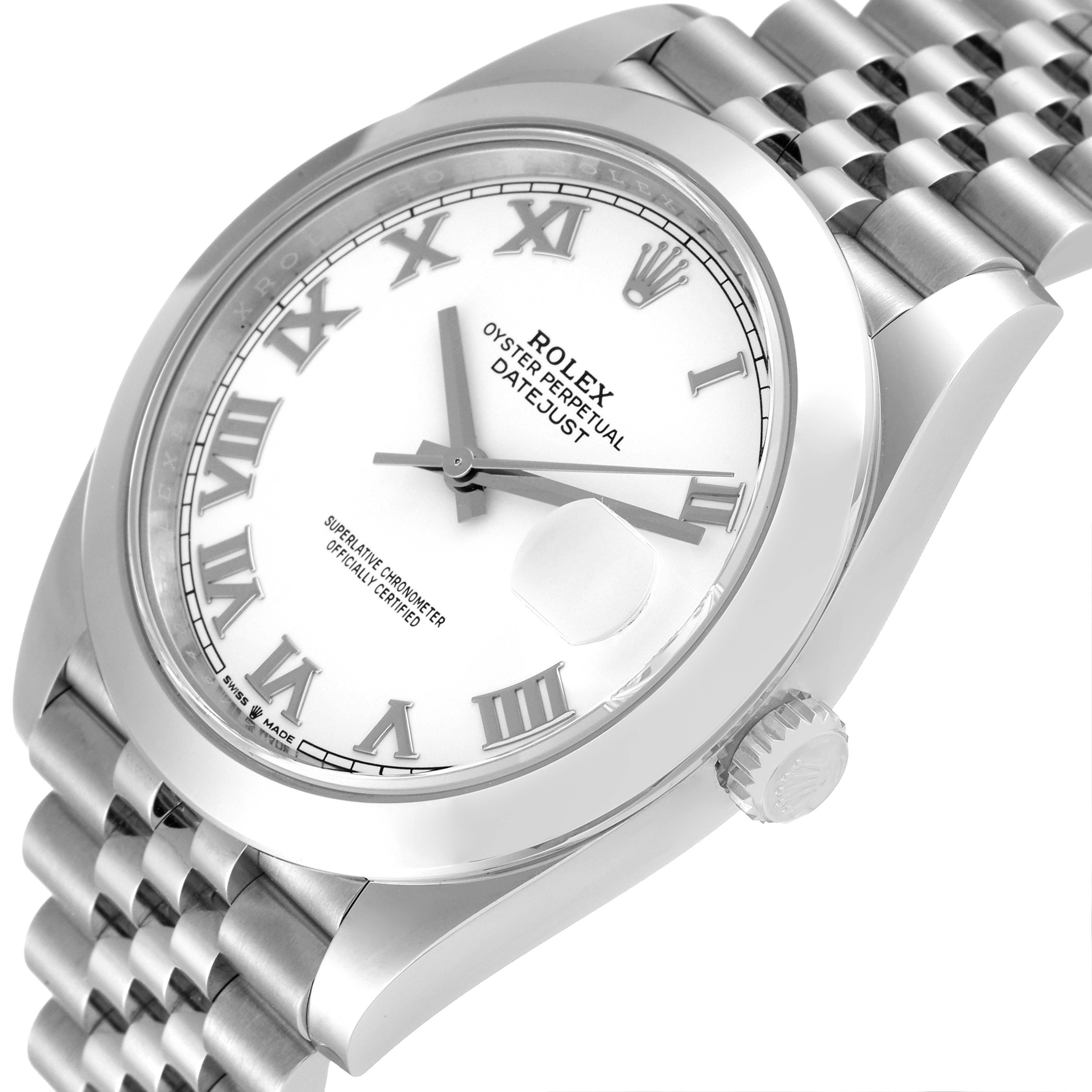 The Rolex Datejust 41 126300 Men's Stainless Steel White Dial 126300 Men's Stainless Steel White Dial watch is shown at an oblique angle highlighting the face, bezel, crown, and part of the bracelet.