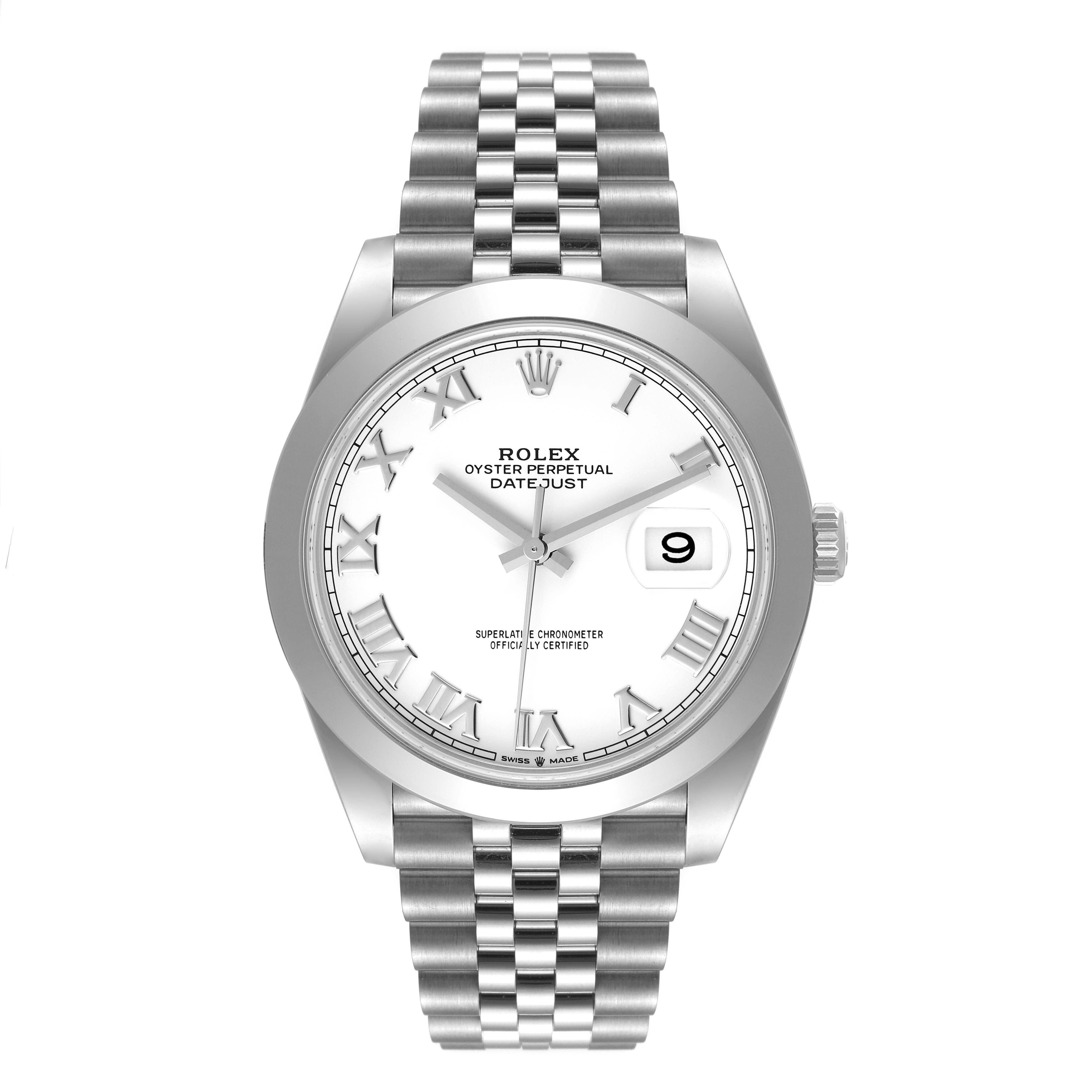 The image shows a Rolex Datejust 41 126300 Men's Stainless Steel White Dial 126300 Men's Stainless Steel White Dial watch from a front angle, displaying its face, bezel, and bracelet.