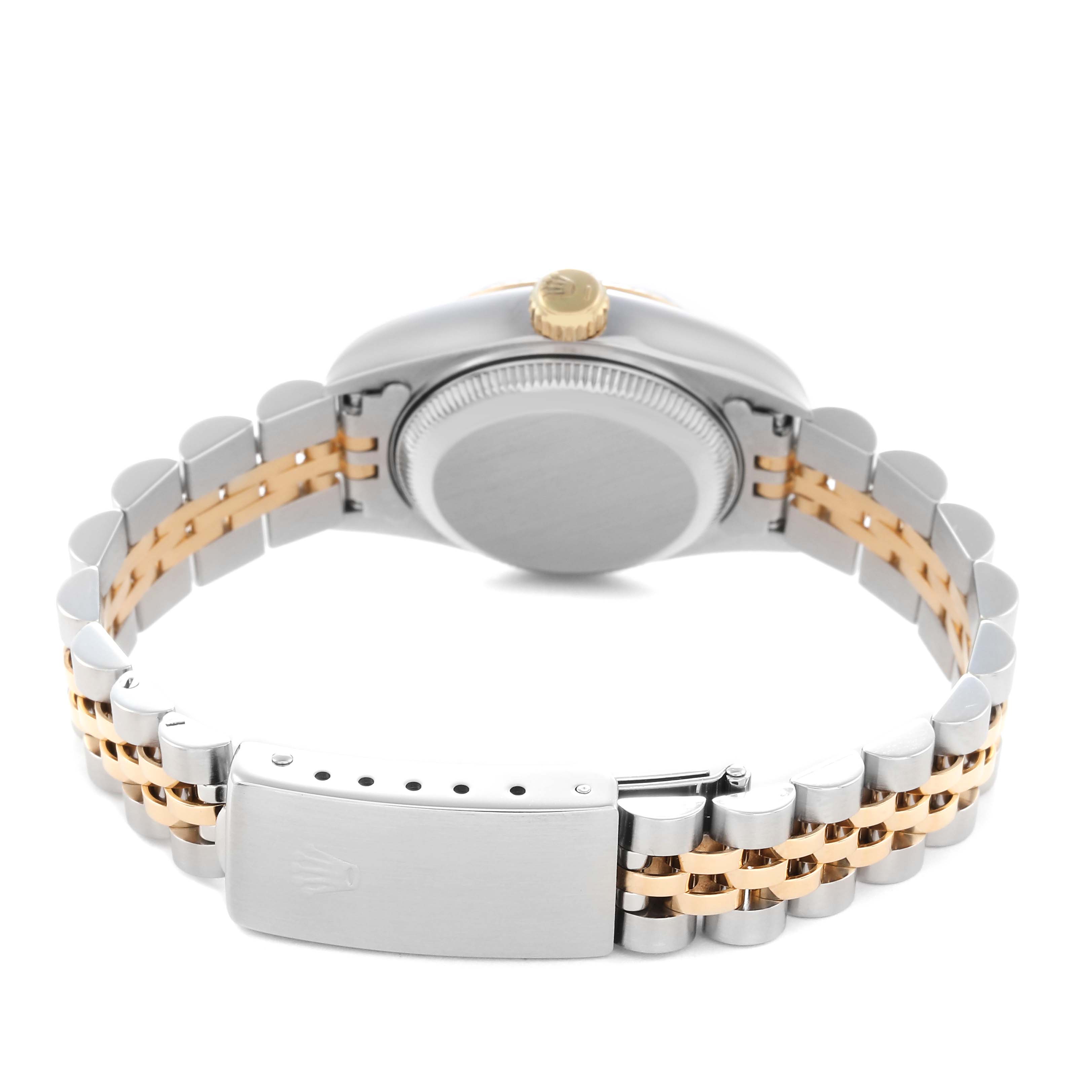 The image shows the back view of a Rolex Datejust 69173 Women
s Steel and Gold (two tone) Blue Dial 69173 Women
s Steel and Gold (two tone) Blue Dial, highlighting the case back, crown, and Jubilee bracelet with a clasp.