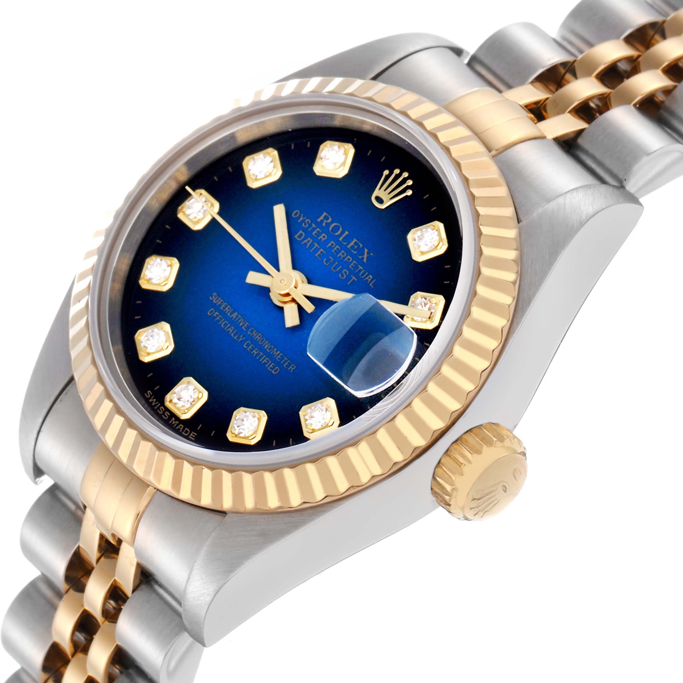 The Rolex Datejust 69173 Women
s Steel and Gold (two tone) Blue Dial 69173 Women
s Steel and Gold (two tone) Blue Dial watch is shown at a three-quarter angle, displaying the face, bezel, cyclops lens, and part of the bracelet.