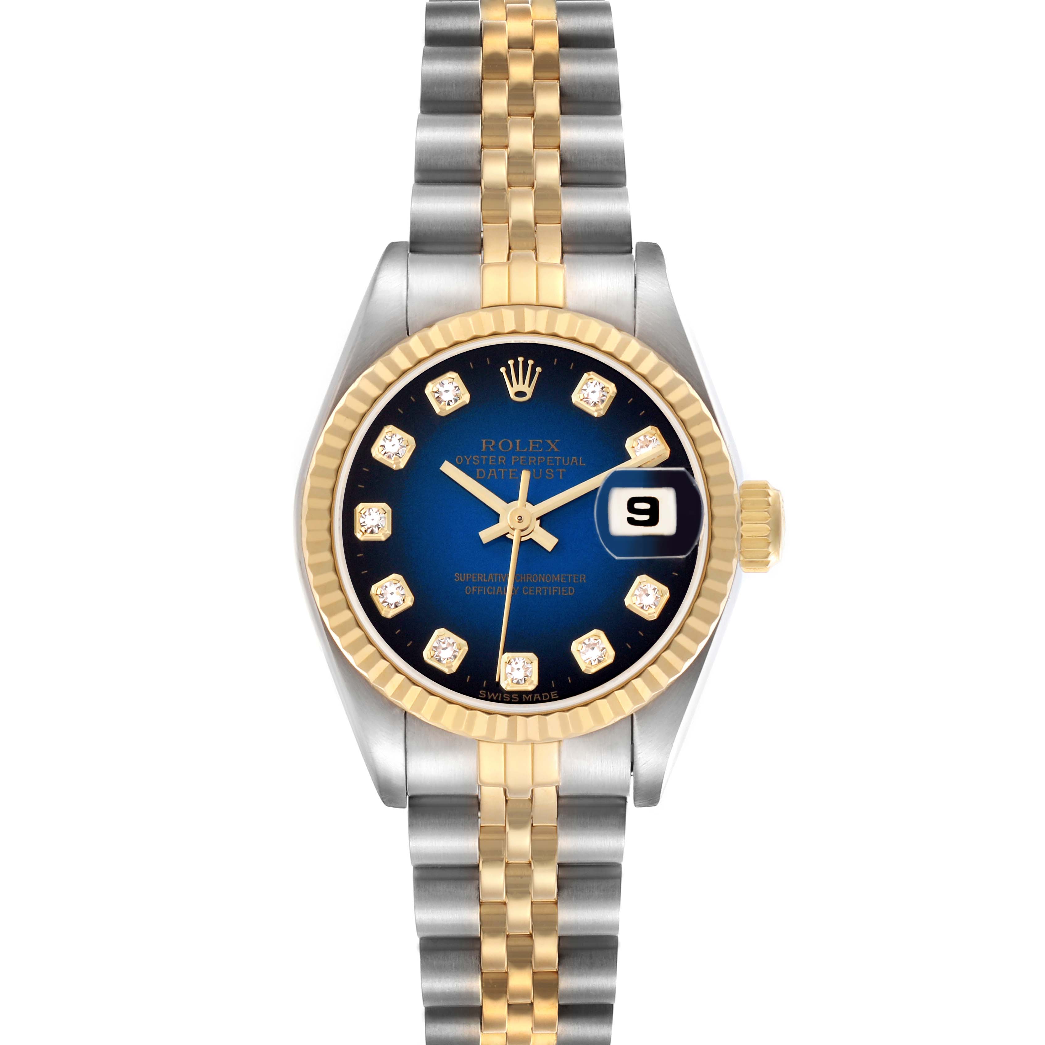 The Rolex Datejust 69173 Women
s Steel and Gold (two tone) Blue Dial 69173 Women
s Steel and Gold (two tone) Blue Dial watch is shown from the front, displaying the dial, bezel, bracelet, and date window clearly.