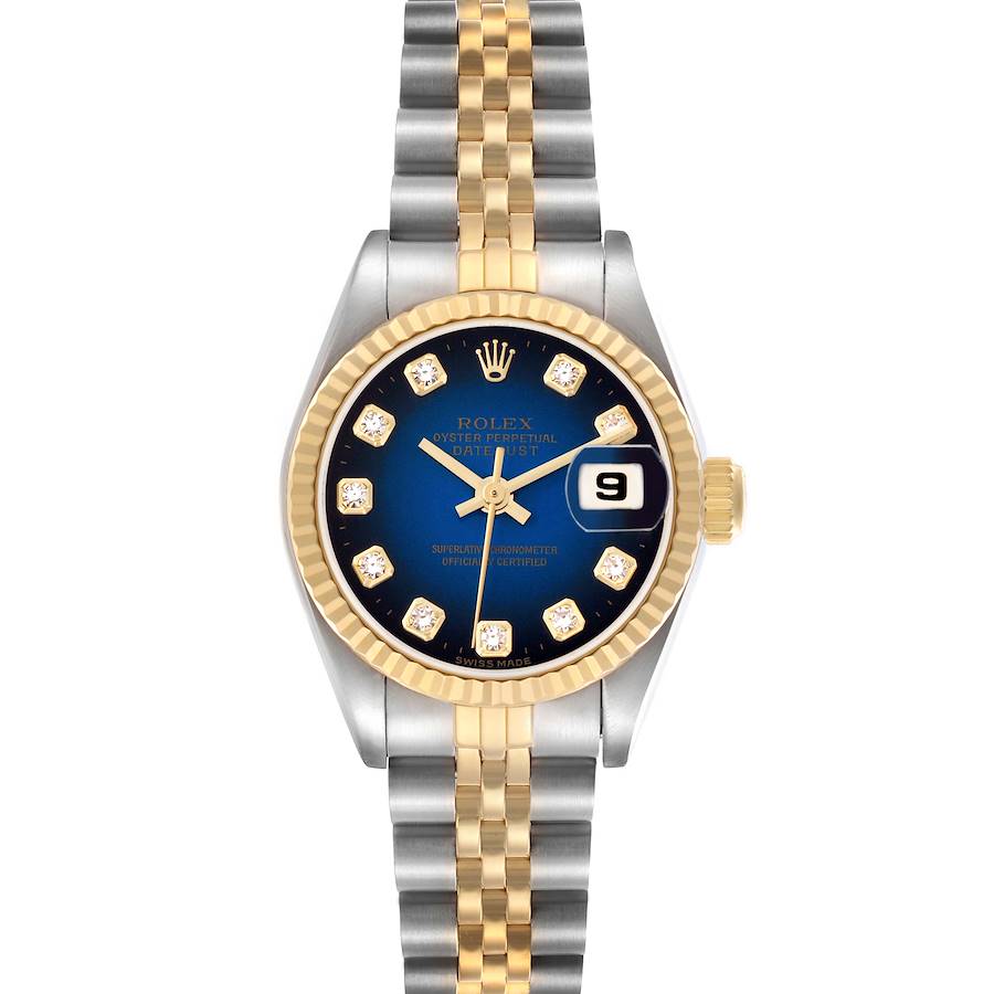The Rolex Datejust watch is shown from the front, displaying the dial, bezel, bracelet, and date window clearly.