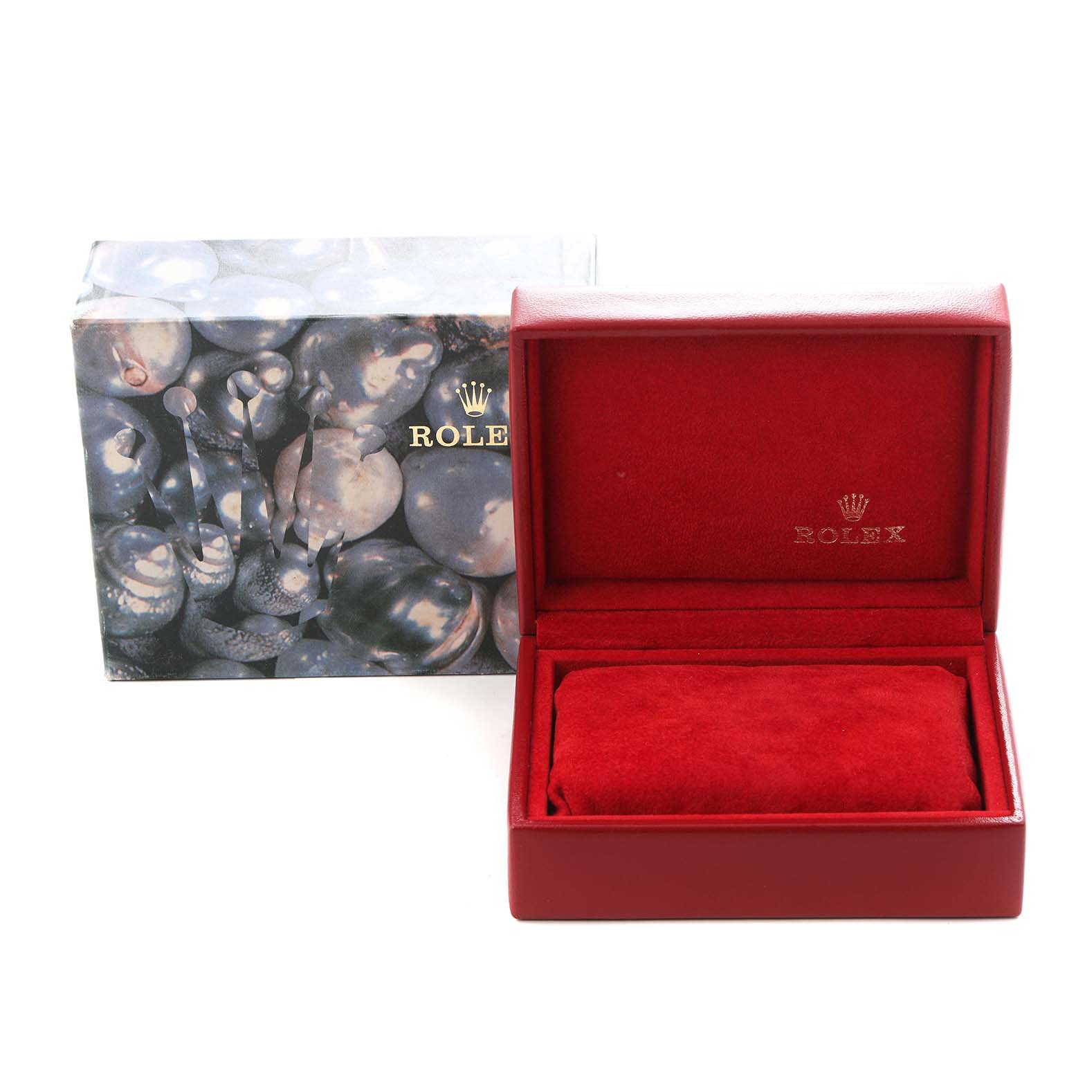 The image shows a red Rolex Datejust 69173 Women
s Steel and Gold (two tone) Blue Dial 69173 Women
s Steel and Gold (two tone) Blue Dial watch box and an outer sleeve, both branded with the Rolex logo.