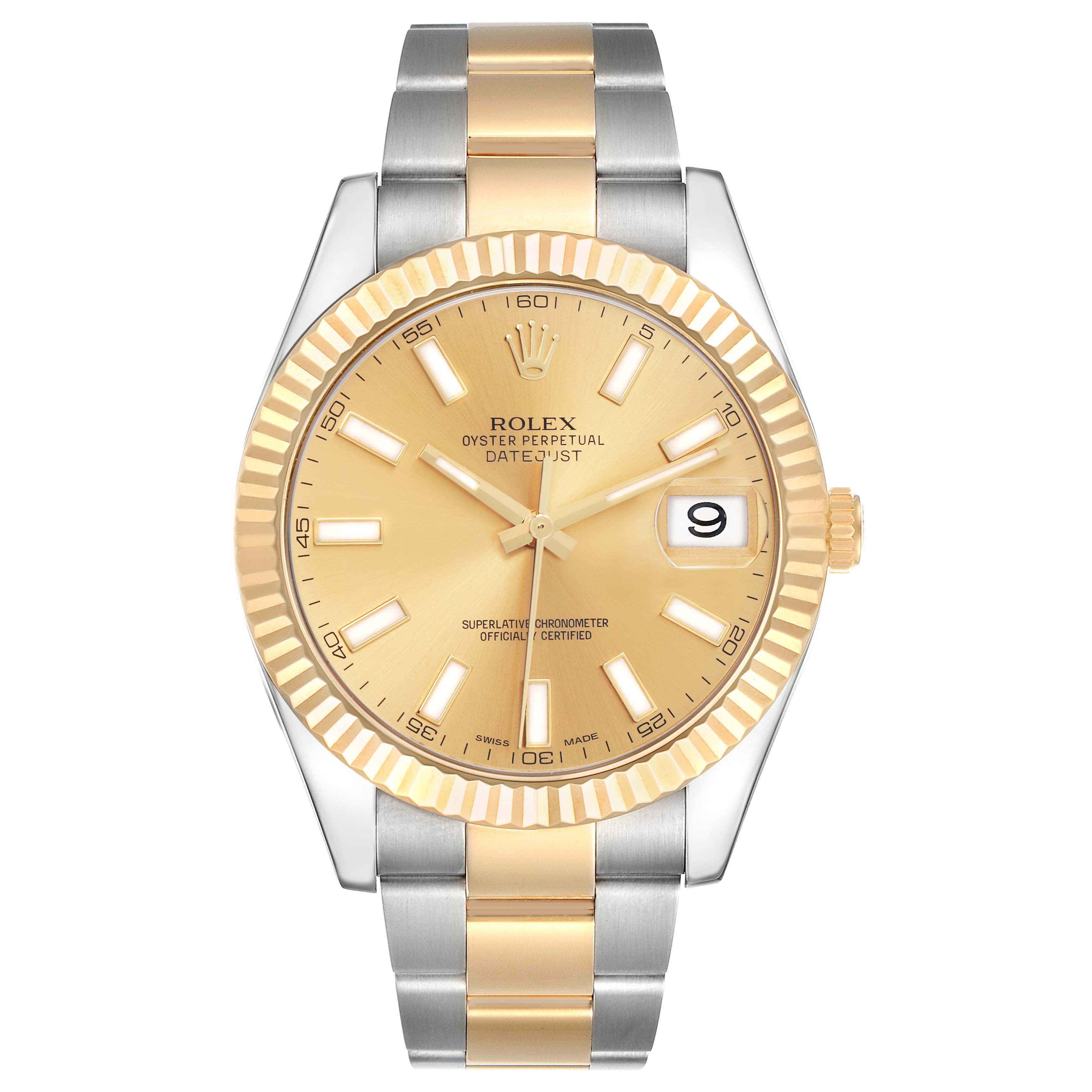 The Rolex Datejust 116333 Men
s Steel and Gold (two tone) Champagne Dial 116333 Men
s Steel and Gold (two tone) Champagne Dial watch is shown from a front angle, displaying the dial, bezel, case, bracelet, and date window.