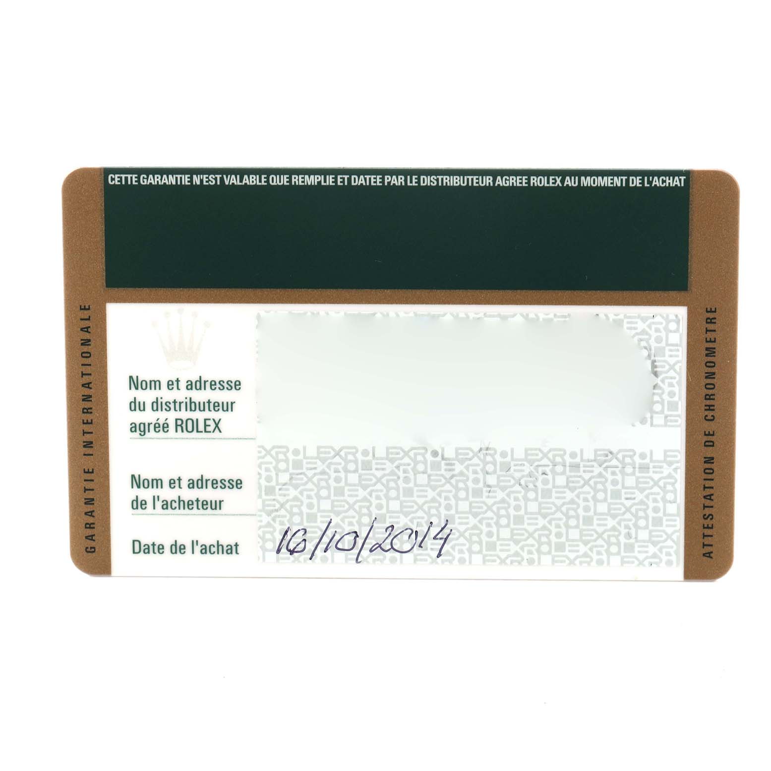 The image shows a warranty card for a Rolex Datejust 116333 Men
s Steel and Gold (two tone) Champagne Dial 116333 Men
s Steel and Gold (two tone) Champagne Dial, highlighting distributor and purchase details.