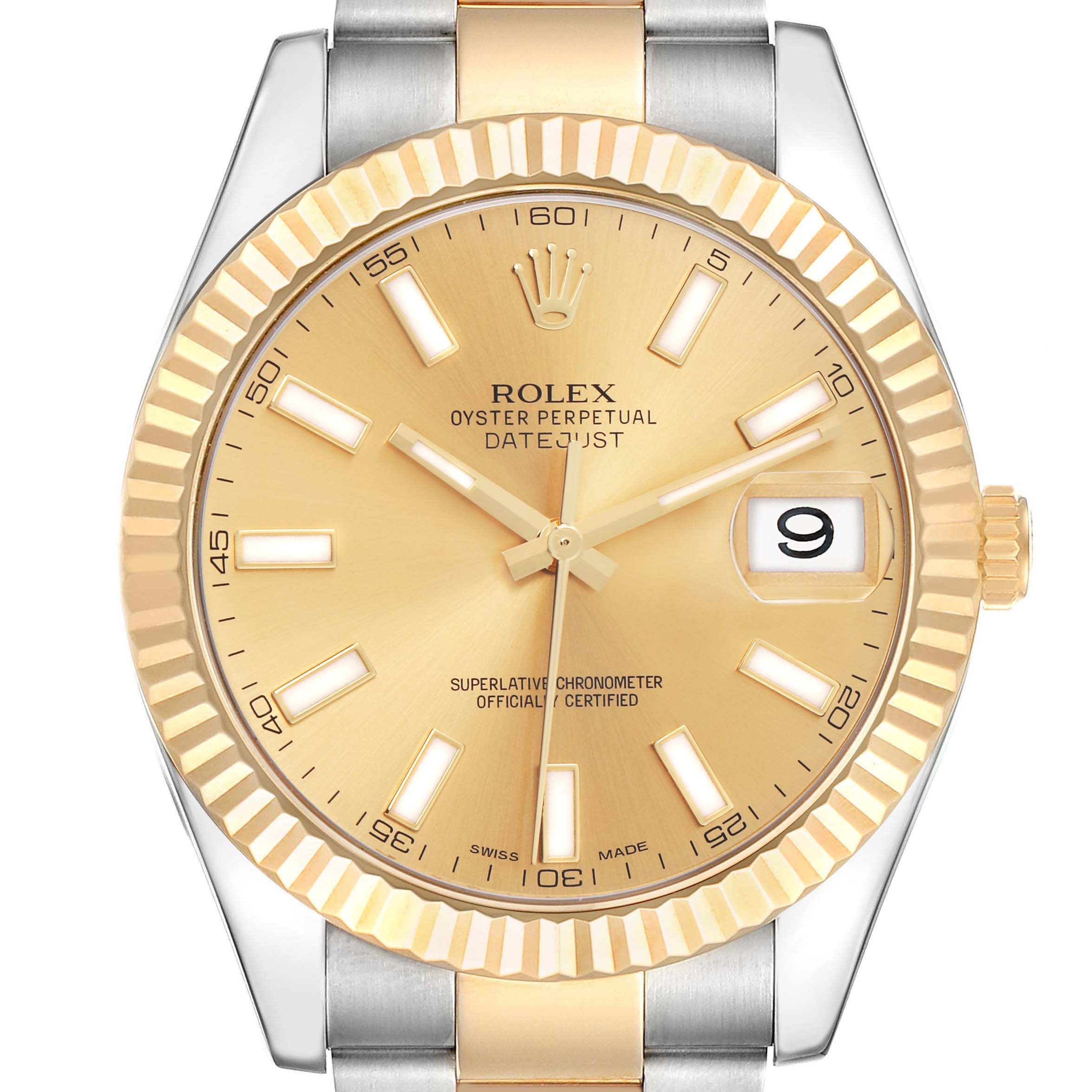 The Rolex Datejust 116333 Men
s Steel and Gold (two tone) Champagne Dial 116333 Men
s Steel and Gold (two tone) Champagne Dial watch is shown from the front, featuring the dial, fluted bezel, and part of the bracelet.