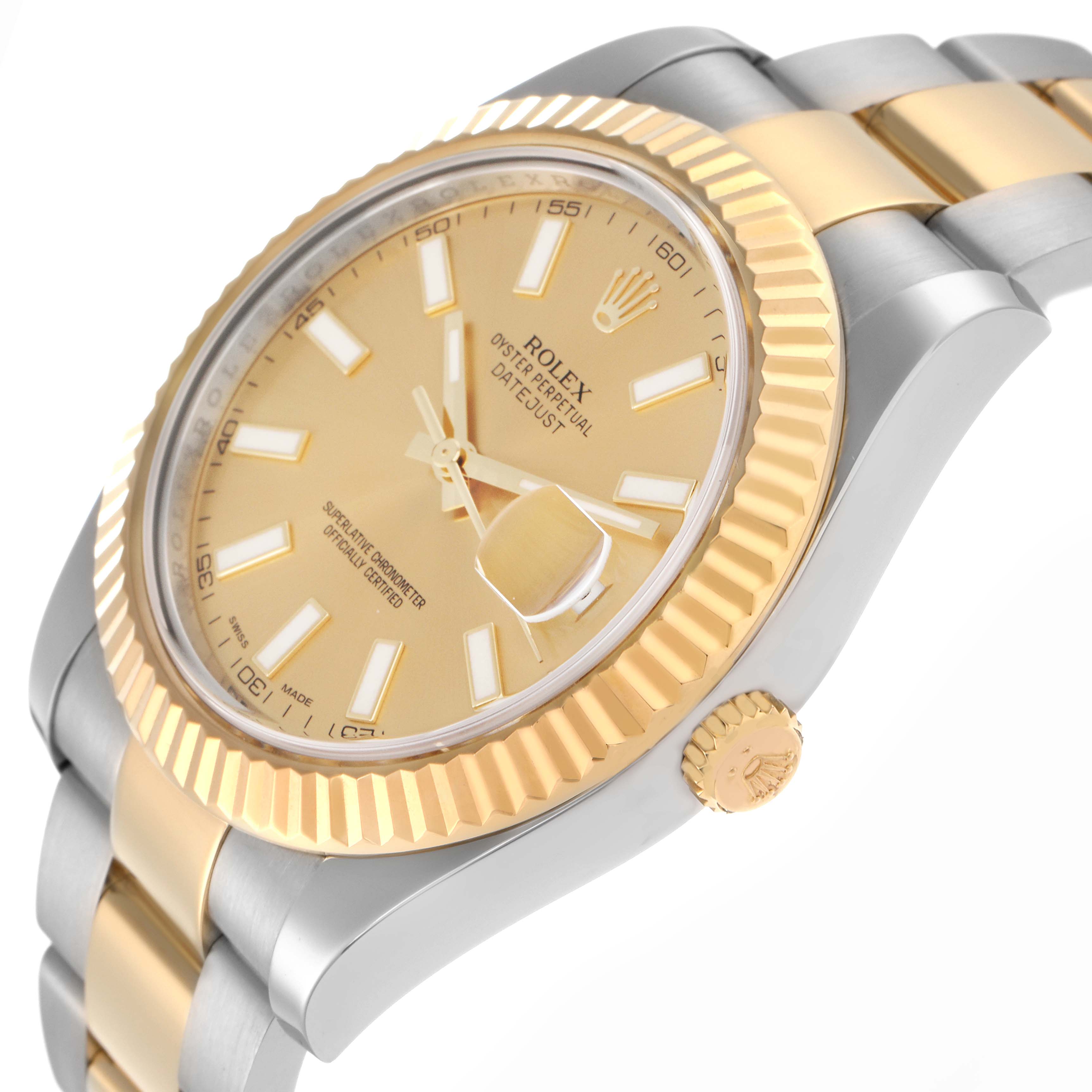The image shows a Rolex Datejust 116333 Men
s Steel and Gold (two tone) Champagne Dial 116333 Men
s Steel and Gold (two tone) Champagne Dial watch from a side angle, highlighting the gold bezel, dial, and two-tone bracelet.