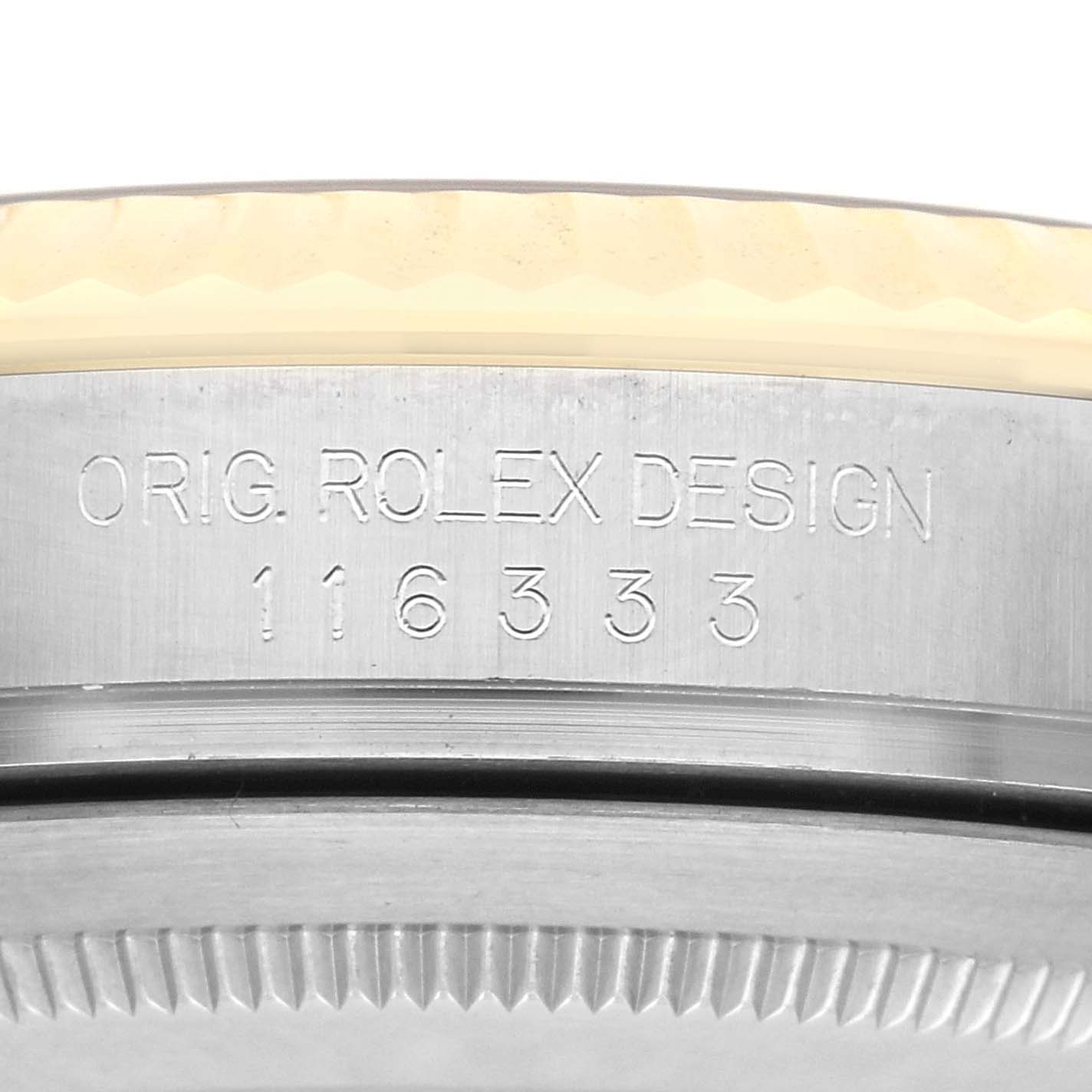 The image shows a close-up of the side engraving on the Rolex Datejust 116333 Men
s Steel and Gold (two tone) Champagne Dial 116333 Men
s Steel and Gold (two tone) Champagne Dial bezel, displaying the model number and "ORIG. ROLEX DESIGN."