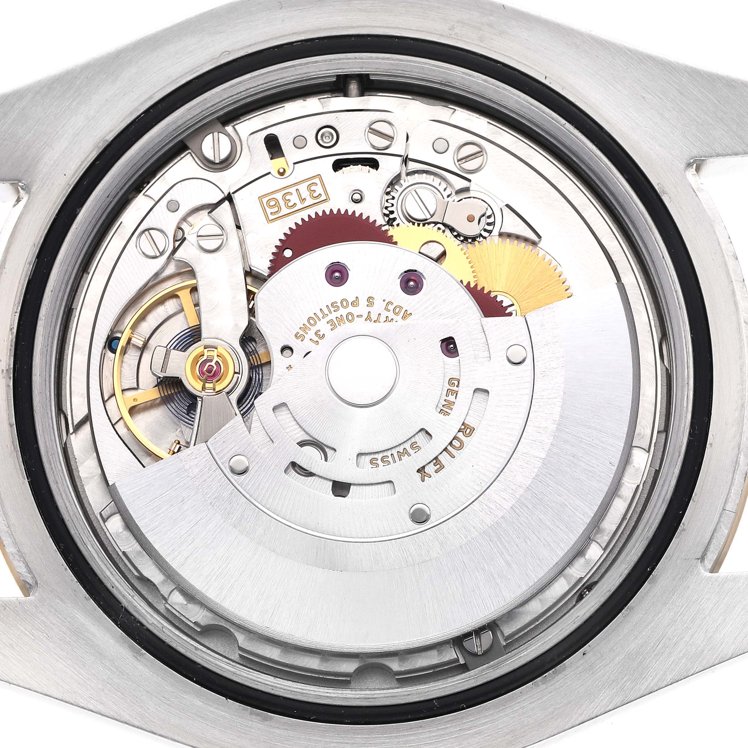 The image shows the movement and inner mechanism of a Rolex Datejust 116333 Men
s Steel and Gold (two tone) Champagne Dial 116333 Men
s Steel and Gold (two tone) Champagne Dial watch, viewed from the back.