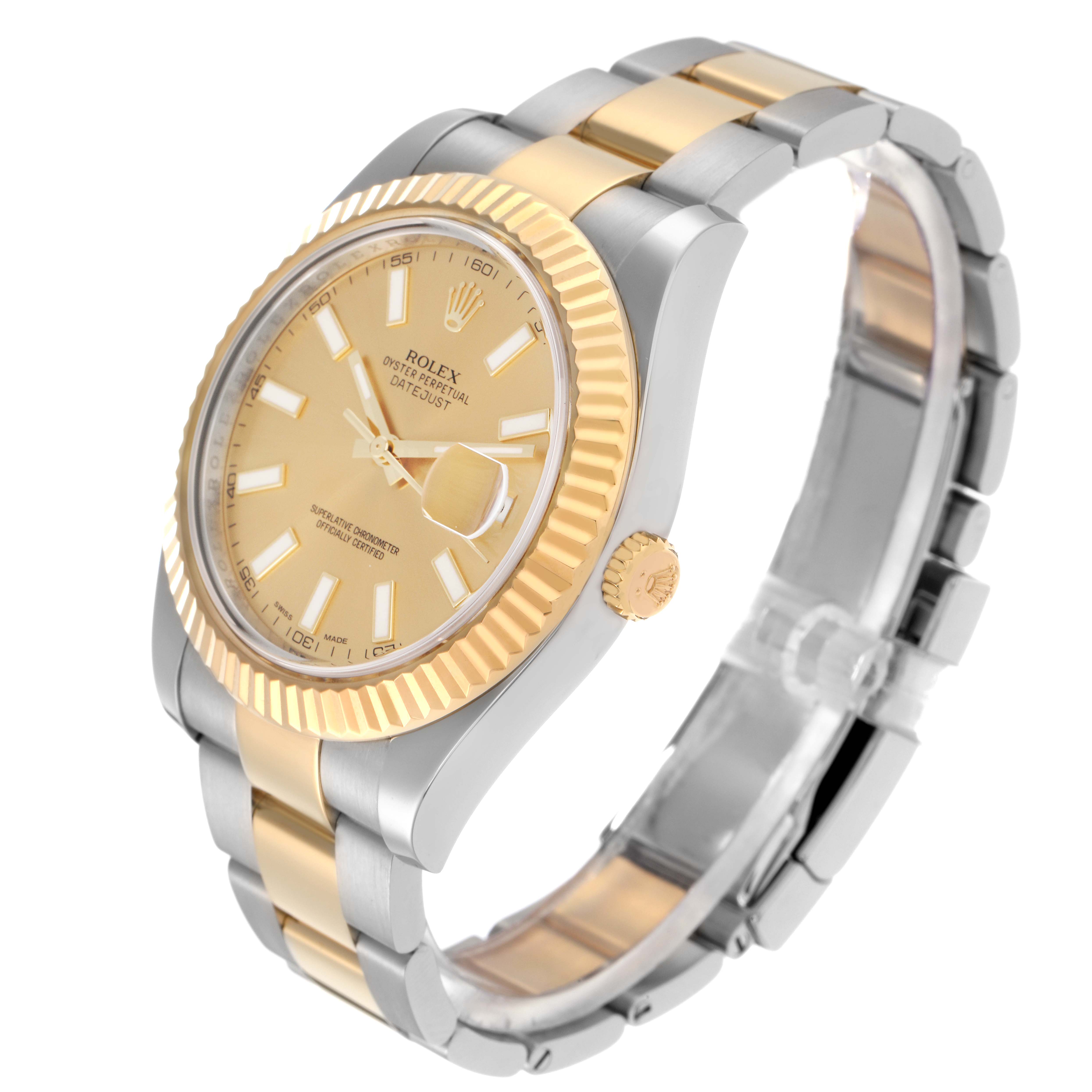 The Rolex Datejust 116333 Men
s Steel and Gold (two tone) Champagne Dial 116333 Men
s Steel and Gold (two tone) Champagne Dial watch is shown at a three-quarter angle, highlighting the bezel, dial, crown, and part of the bracelet.