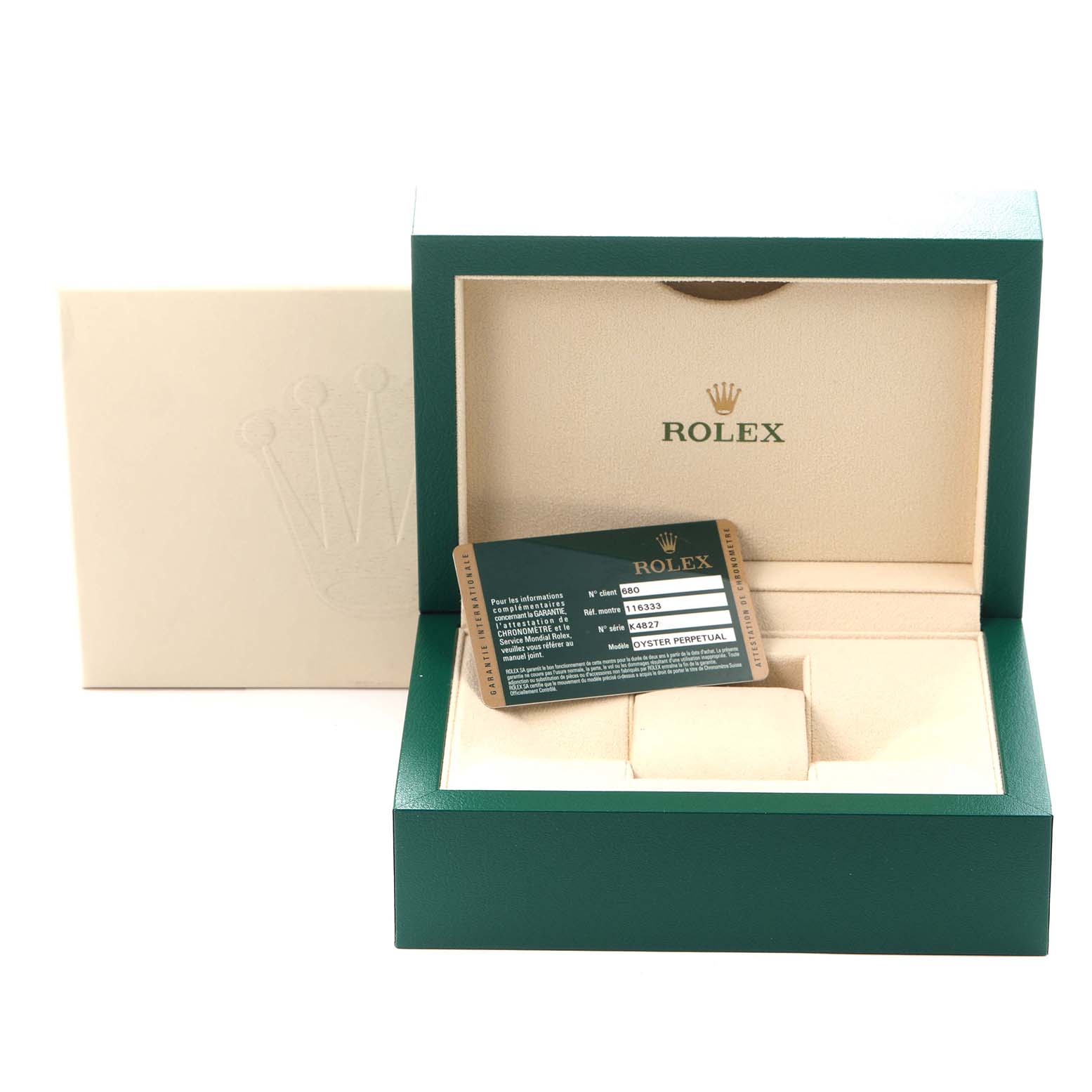 The image shows a Rolex Datejust 116333 Men
s Steel and Gold (two tone) Champagne Dial 116333 Men
s Steel and Gold (two tone) Champagne Dial watch box with an Best Quality
ity card placed inside, viewed from the front.