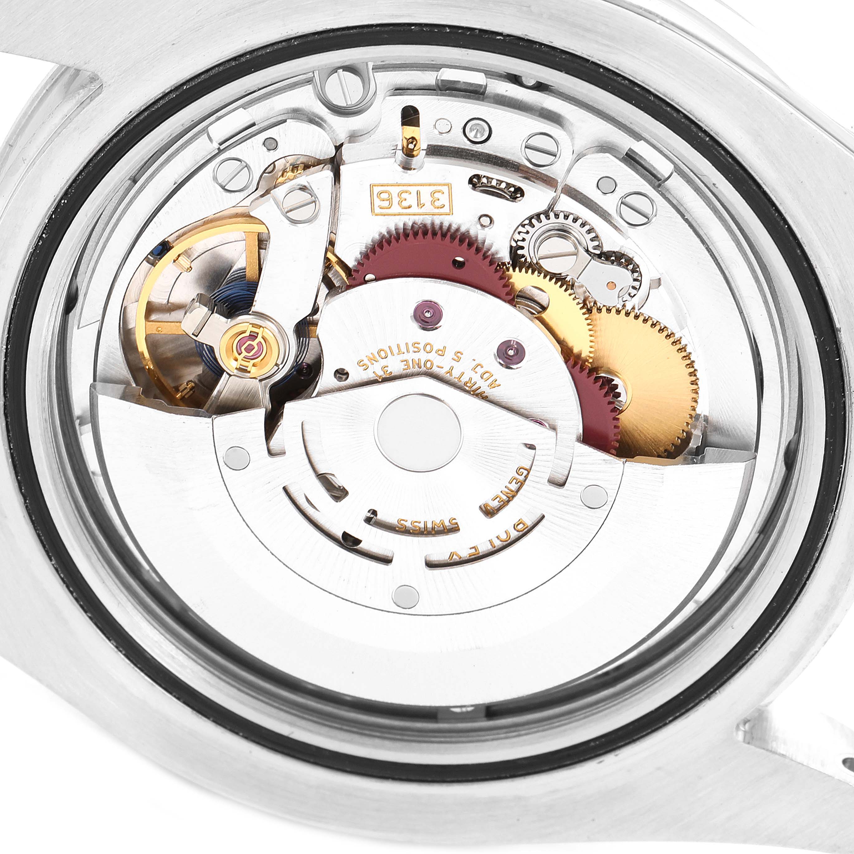 The image shows the internal mechanical movement of a Rolex Datejust 41 116334 Men's Stainless Steel White Dial 116334 Men's Stainless Steel White Dial watch from a back angle.