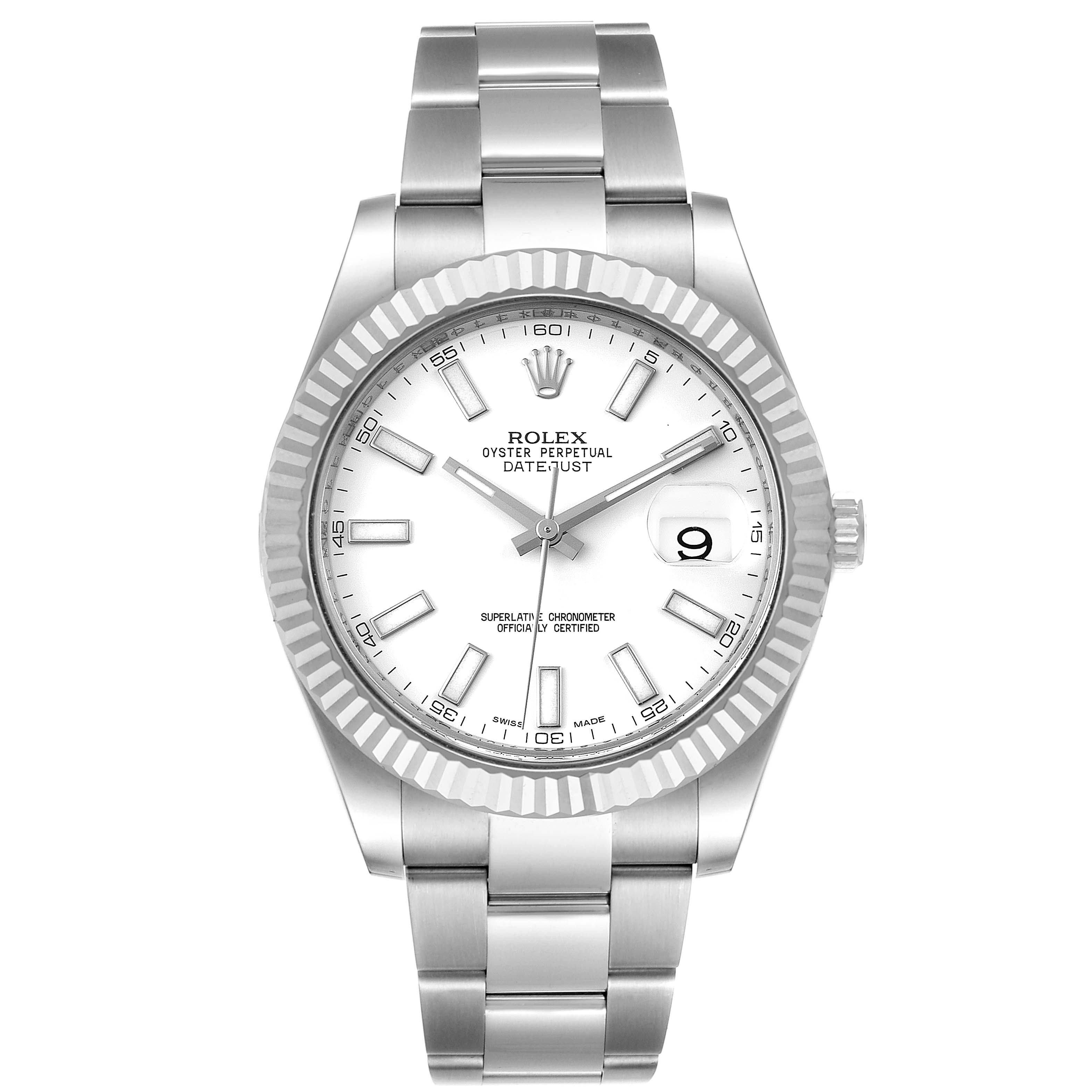 This is a frontal view of the Rolex Datejust 41 116334 Men's Stainless Steel White Dial 116334 Men's Stainless Steel White Dial watch, showing the dial, bezel, bracelet, and crown.