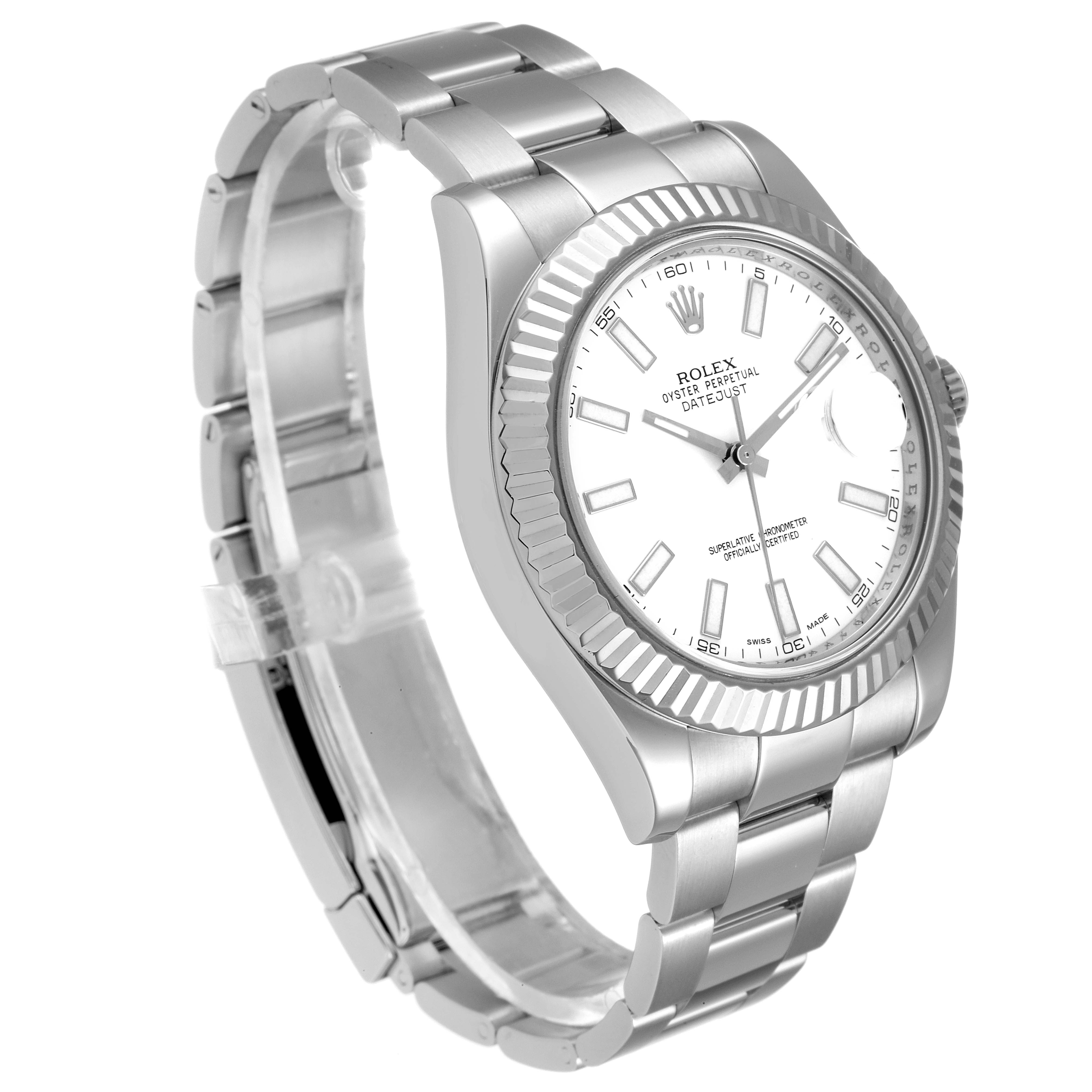 The image shows a side angle of the Rolex Datejust 41 116334 Men's Stainless Steel White Dial 116334 Men's Stainless Steel White Dial watch, highlighting its case, fluted bezel, dial, and bracelet.