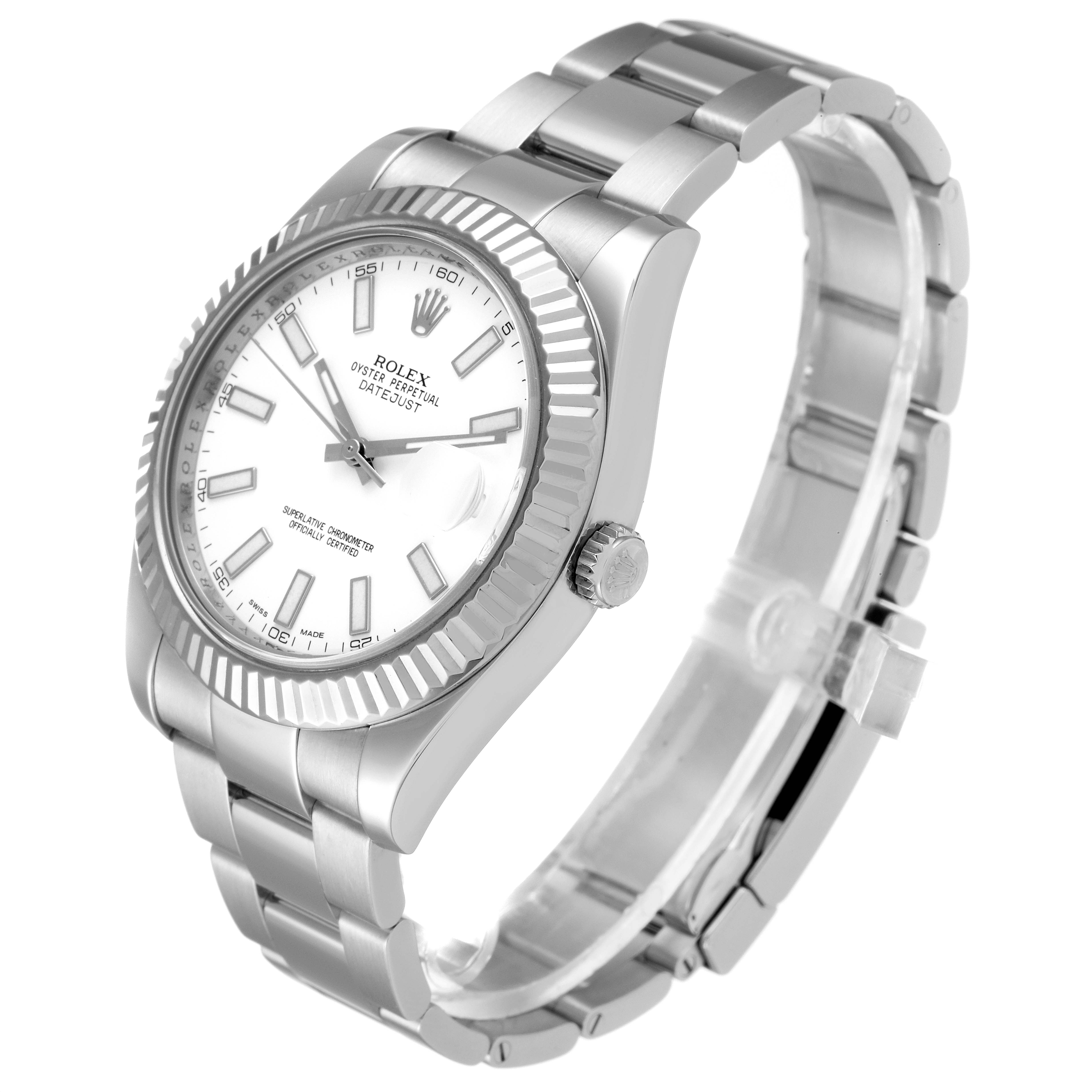 The image shows a Rolex Datejust 41 116334 Men's Stainless Steel White Dial 116334 Men's Stainless Steel White Dial watch from an angled side view, displaying the dial, bezel, bracelet, and crown.