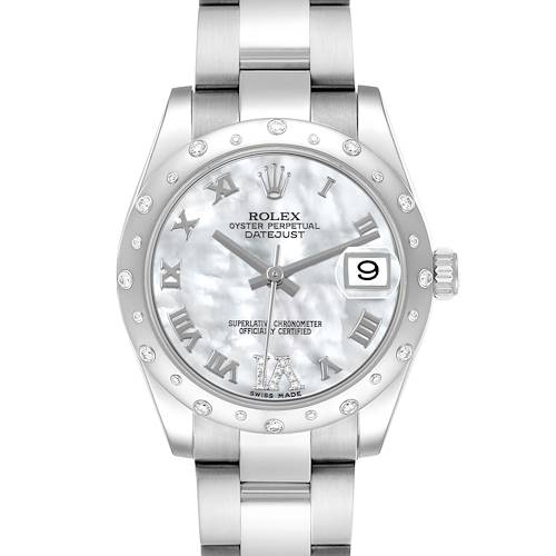 The Rolex Datejust 178344 Women's Stainless Steel Mother of Pearl Dial watch is shown from a front angle, highlighting the face, bezel, and bracelet links.