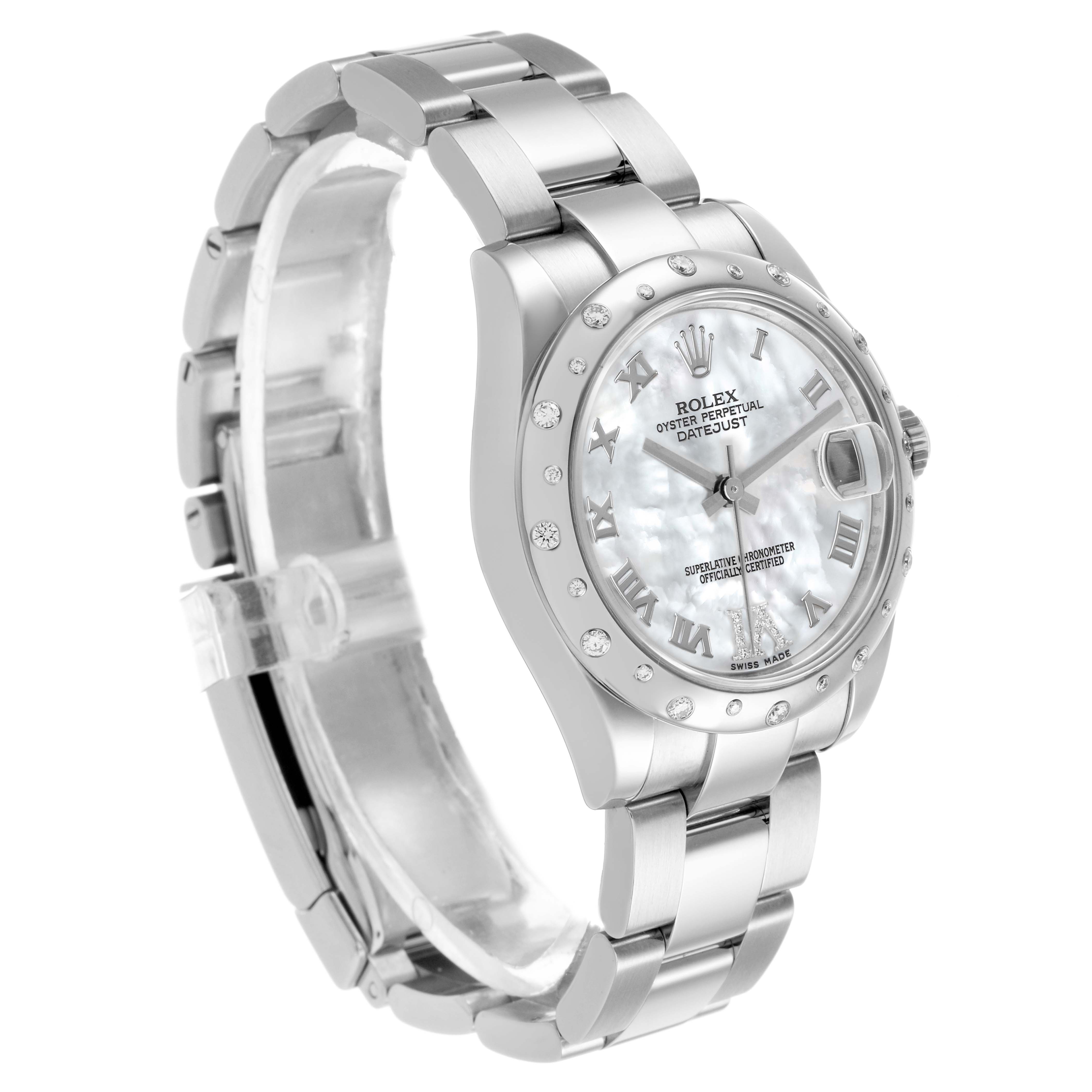The Rolex Datejust 178344 Women's Stainless Steel Mother of Pearl Dial watch is shown from a three-quarter angle, highlighting the face, bezel, and metal bracelet.