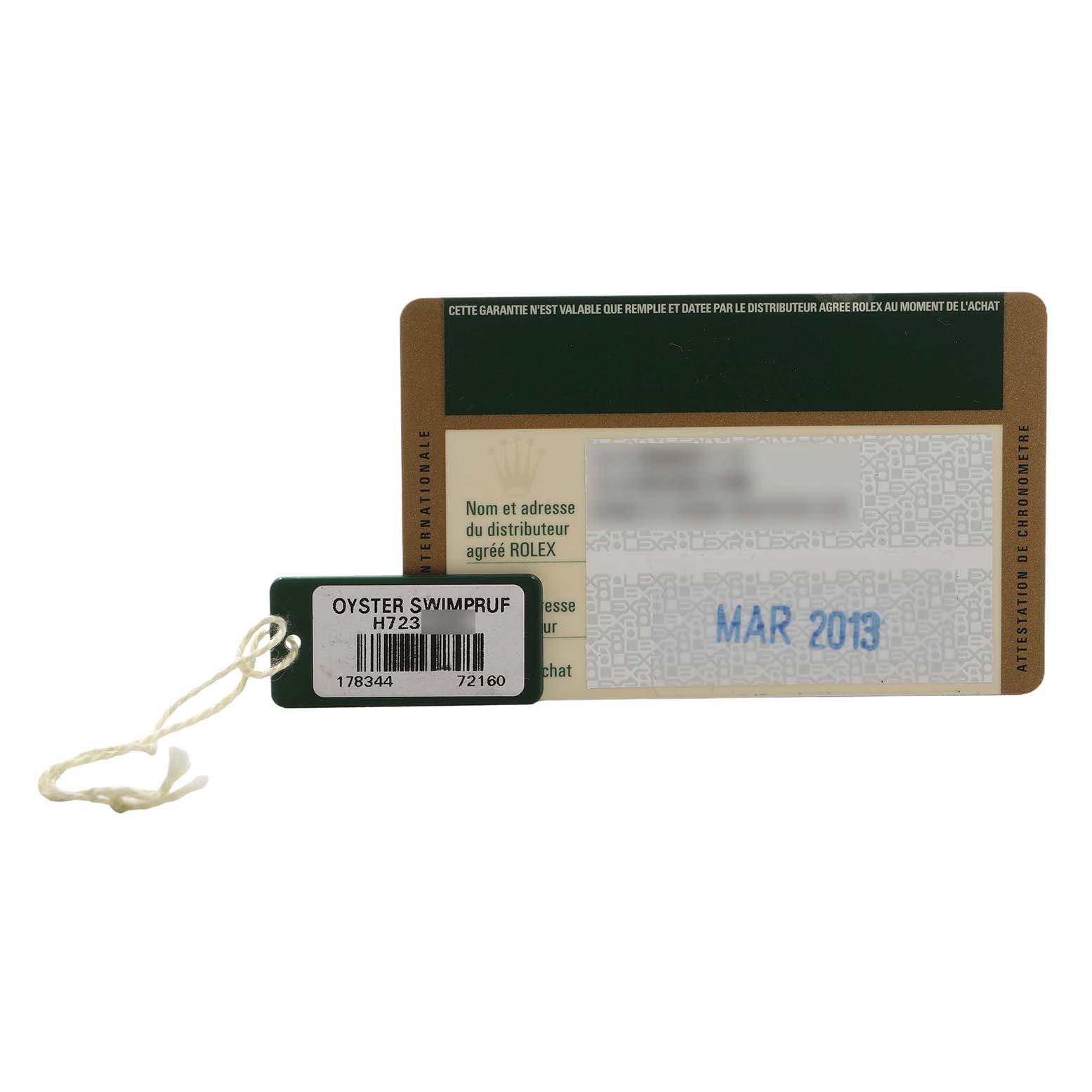 The image shows a warranty card and tag for a Rolex Datejust 178344 Women's Stainless Steel Mother of Pearl Dial watch, not the watch itself.