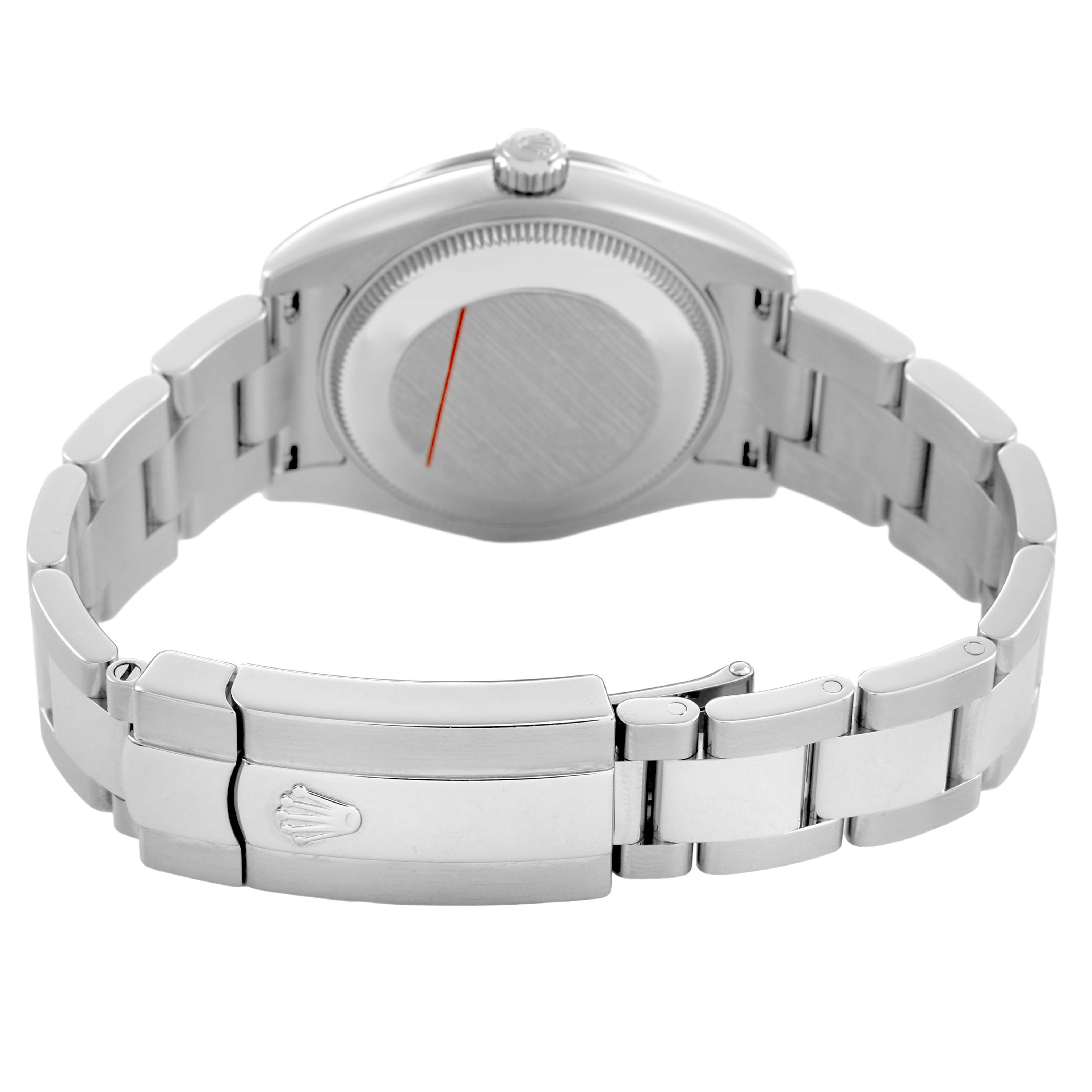 The image shows the Rolex Datejust 178344 Women's Stainless Steel Mother of Pearl Dial watch from the back, highlighting the bracelet, clasp, and case back.