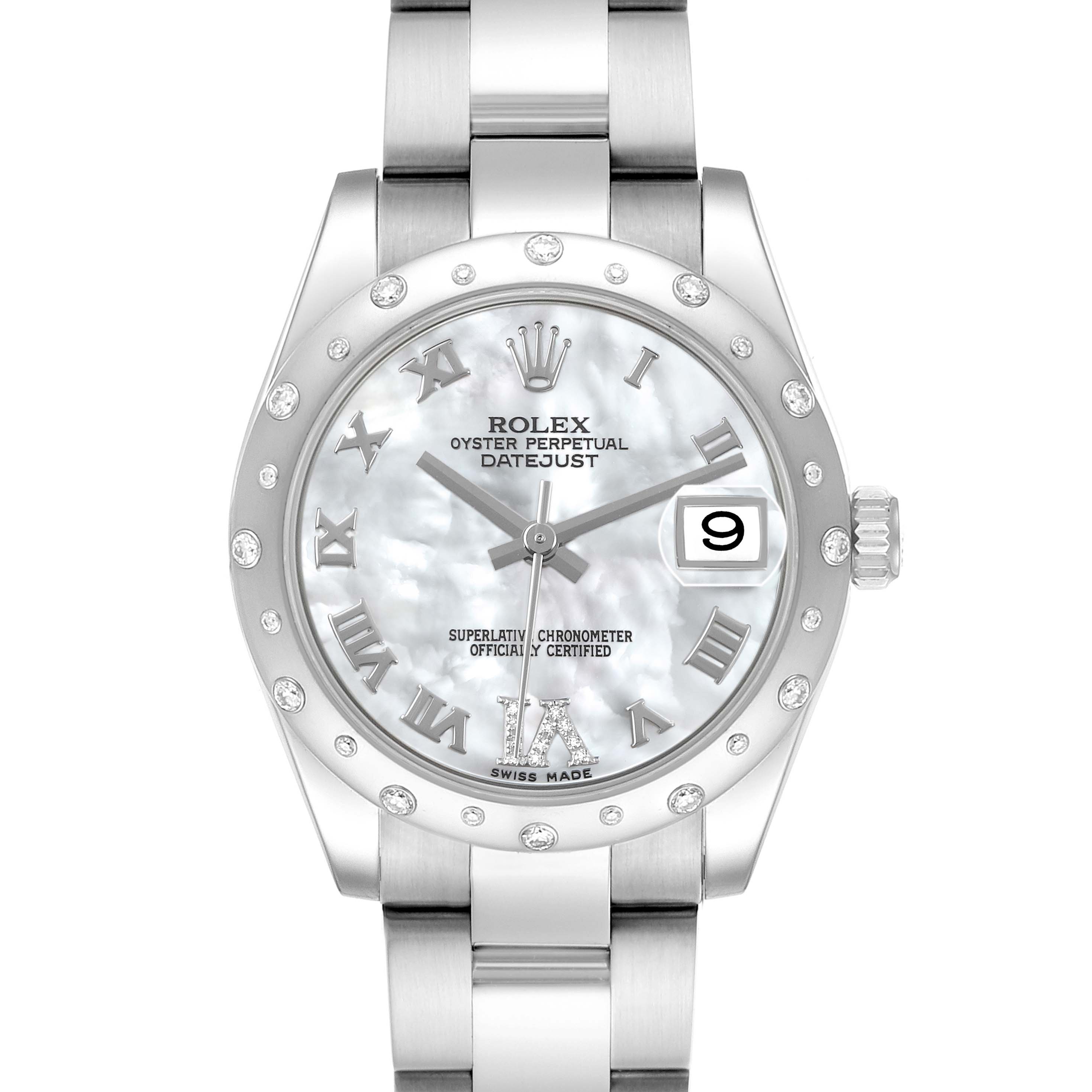The Rolex Datejust 178344 Women's Stainless Steel Mother of Pearl Dial watch is shown from a front angle, highlighting the dial, bezel, bracelet, and crown.