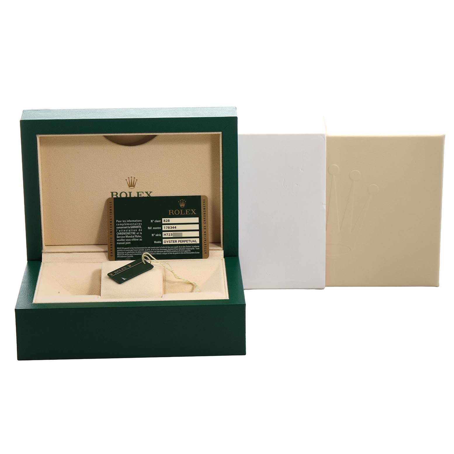 The image shows a Rolex Datejust 178344 Women's Stainless Steel Mother of Pearl Dial box, warranty card, and tag from a frontal angle.