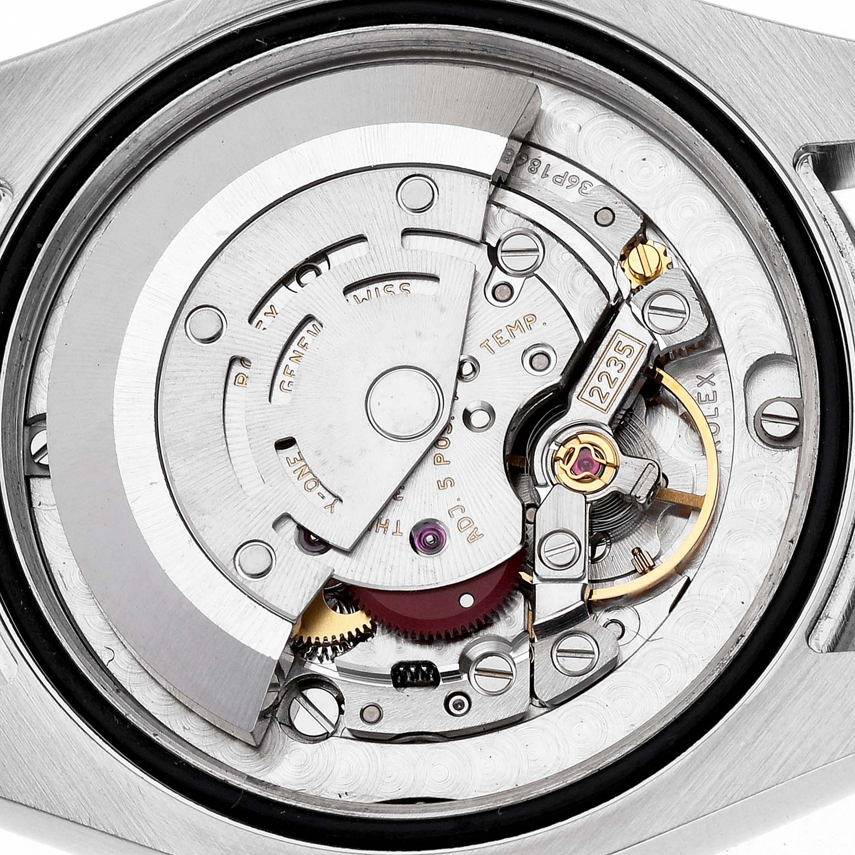 This image shows the open back of a Rolex Datejust 178344 Women's Stainless Steel Mother of Pearl Dial, revealing its intricate movement and mechanism.
