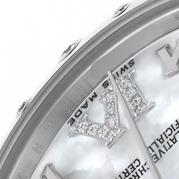 The image shows a close-up of the Rolex Datejust 178344 Women's Stainless Steel Mother of Pearl Dial watch face, highlighting the bezel, diamond indices, and part of the dial.