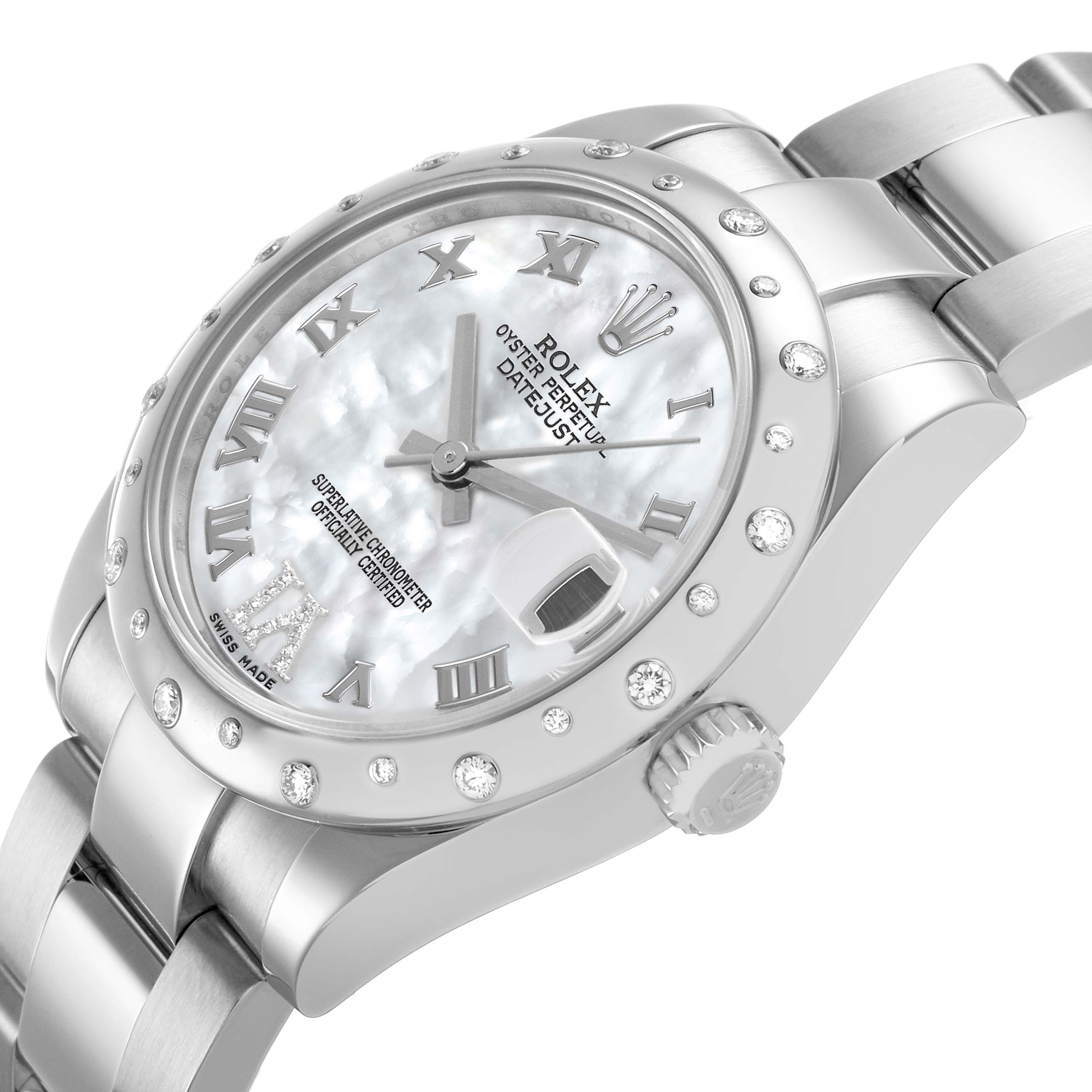 The Rolex Datejust 178344 Women's Stainless Steel Mother of Pearl Dial watch is shown at a slight side angle, highlighting the dial, bezel, crown, and part of the bracelet.