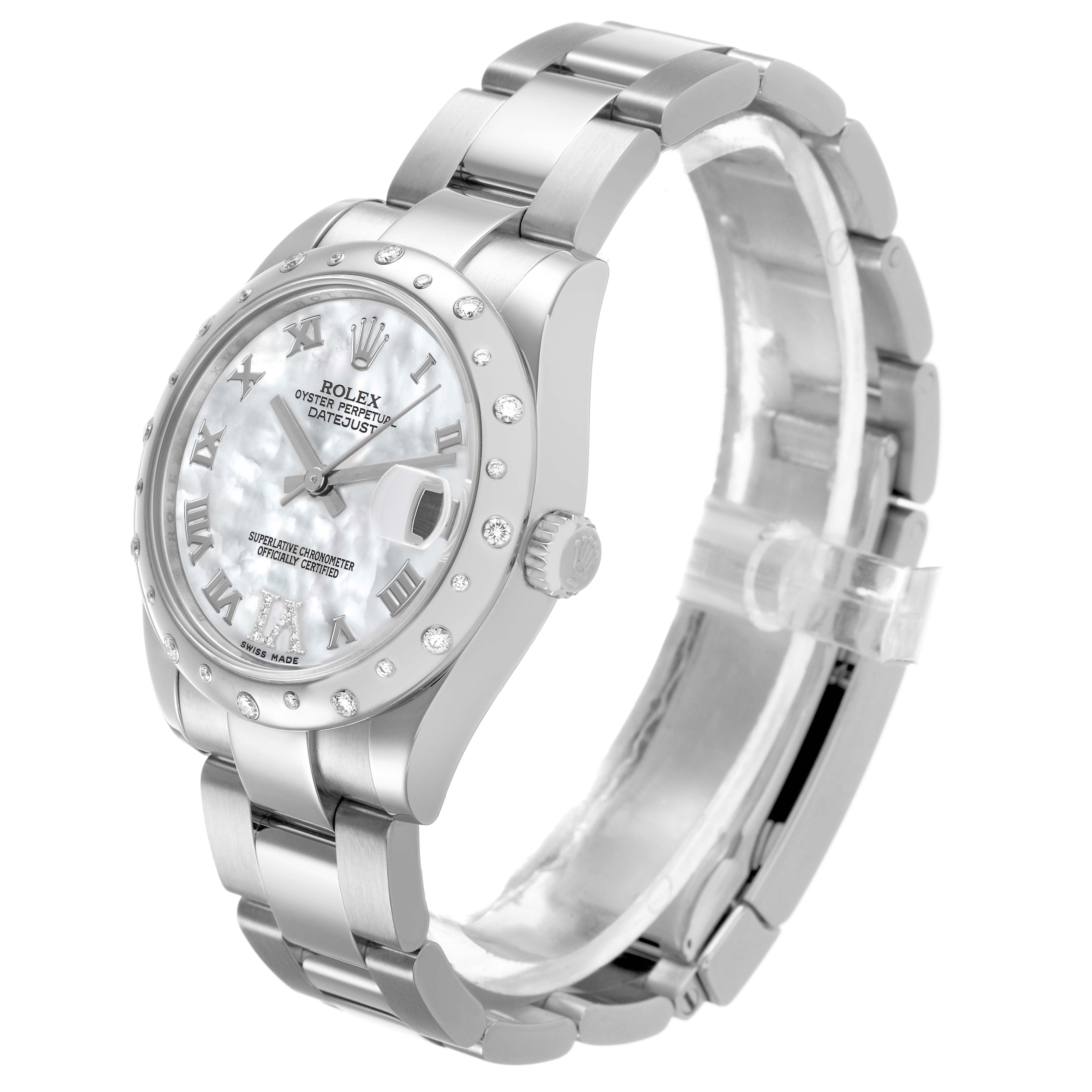 The Rolex Datejust 178344 Women's Stainless Steel Mother of Pearl Dial watch is shown at a three-quarter angle, highlighting the dial, bezel, bracelet, and crown.